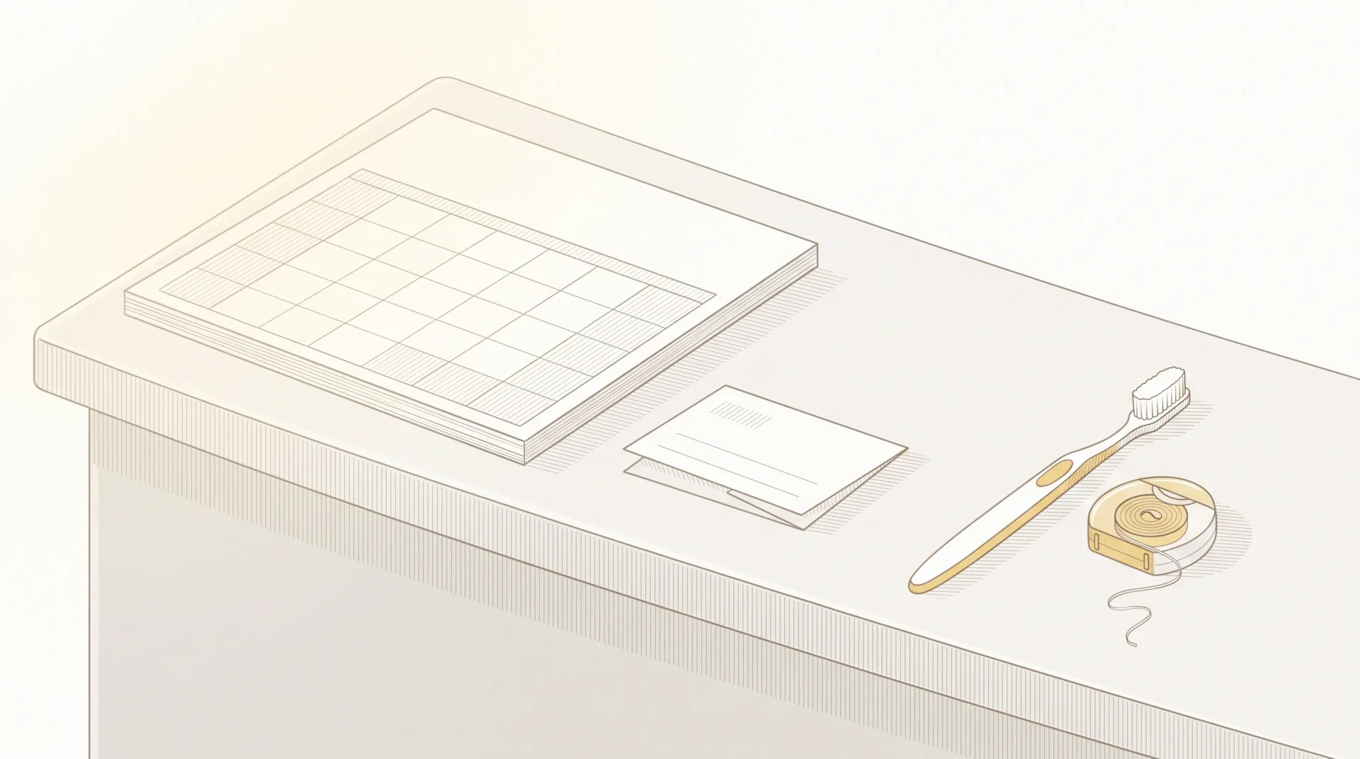 A blank calendar page and appointment card sit on a clean reception desk beside a toothbrush and floss.