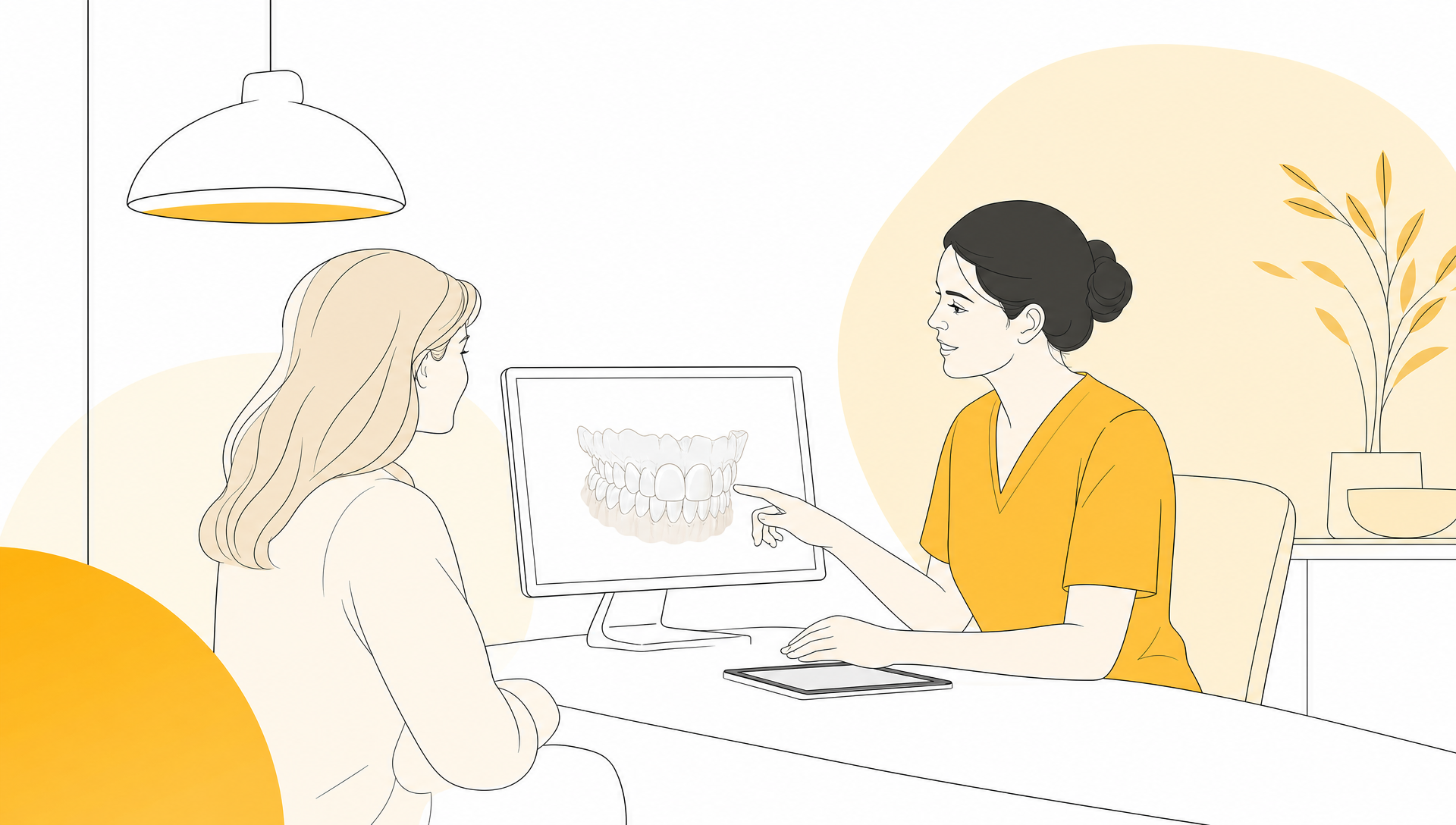 A calm dentist and adult patient reviewing a simple care plan beside a natural ivory dental arch, with generous white space and pale geometric background panels