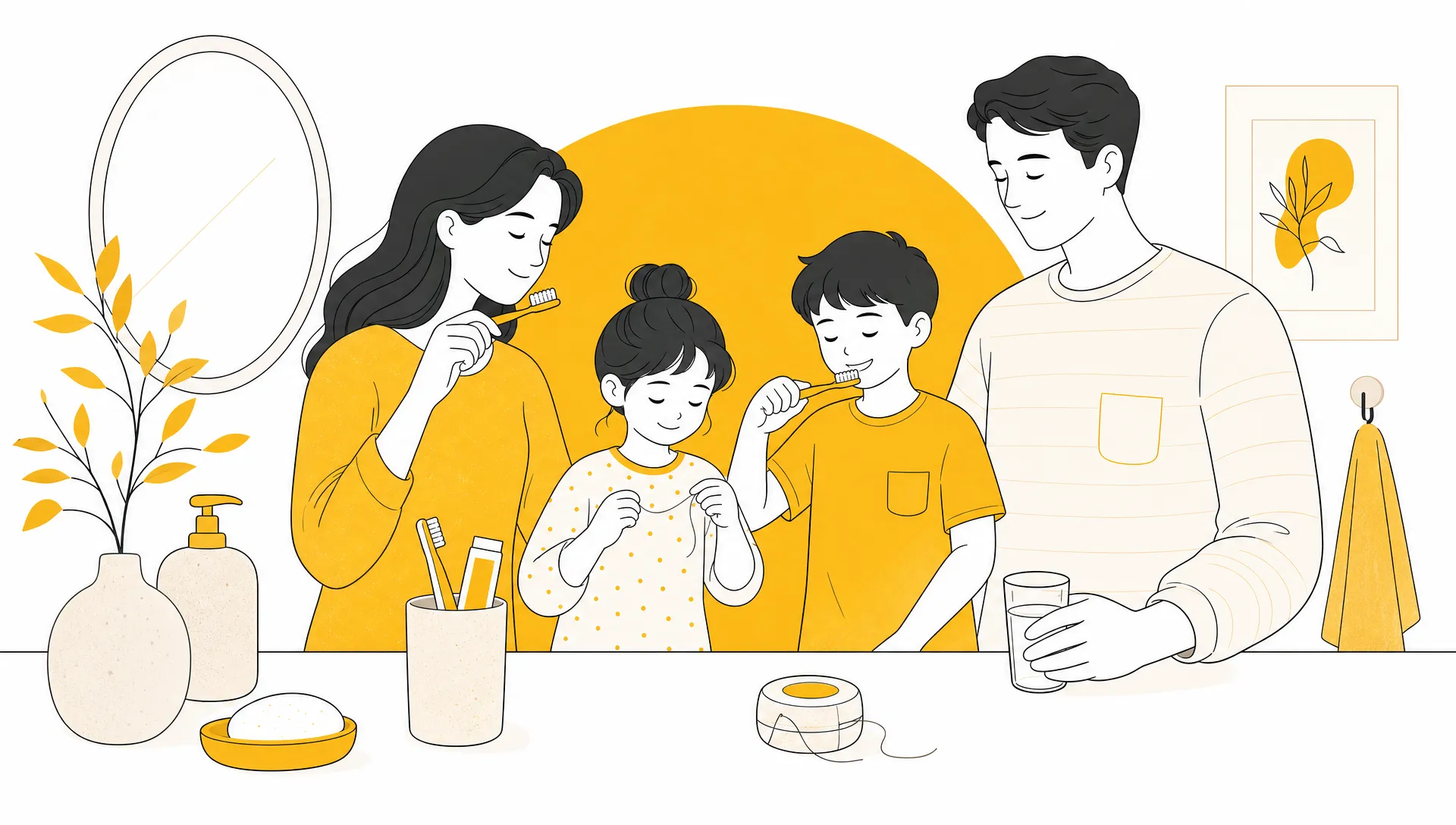 A calm premium editorial vector illustration of a family dental care routine, showing a simplified toothbrush, floss and a water cup arranged with generous white space and fine near-black linework.