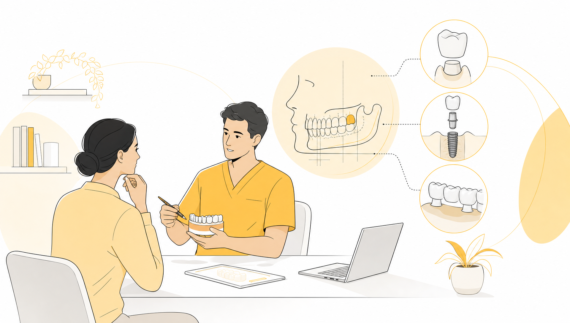 A clean premium editorial vector illustration of a calm dental consultation with an adult patient and Geelong dentist seated near a simplified dental chair, with a small tooth model on the side table and generous white space, no text or logos.