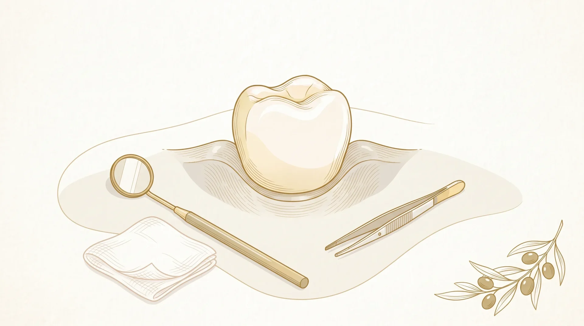 A close view of a dental implant crown seated in healthy gum tissue beside a mirror and gauze.
