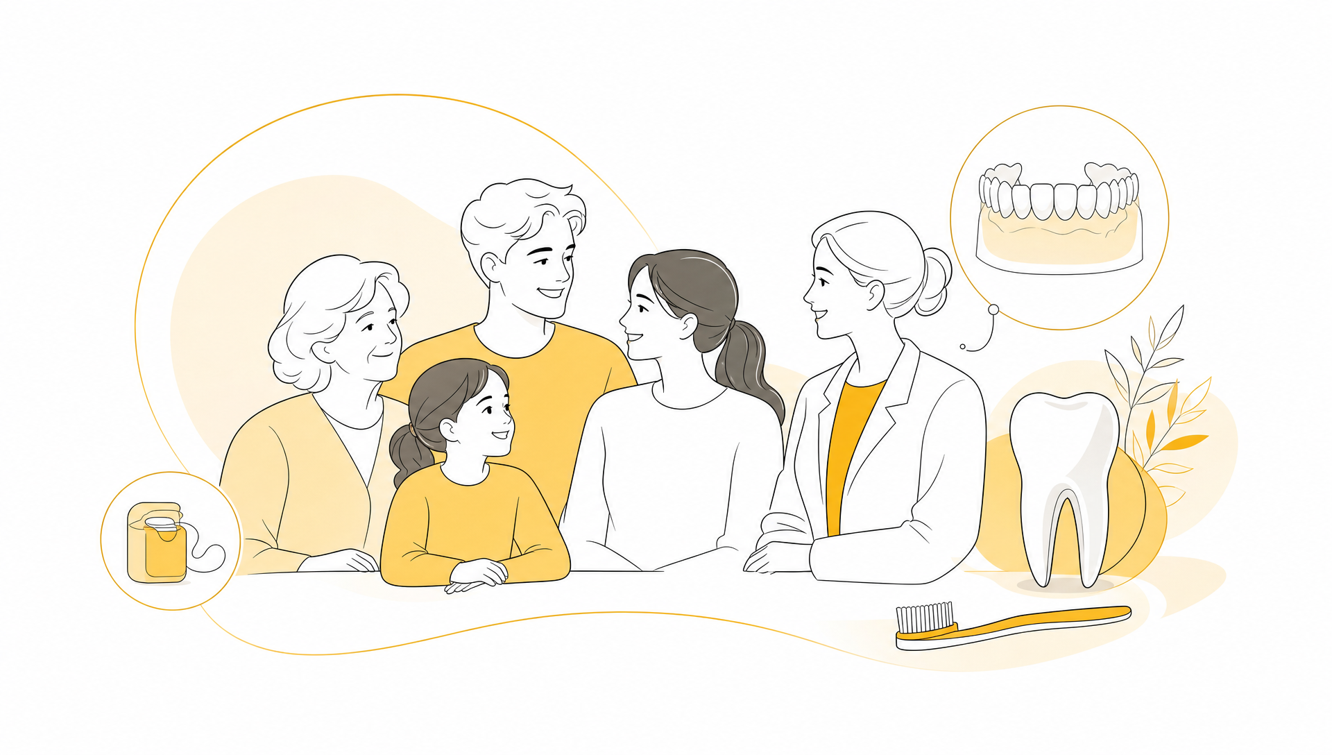 A dental clinic consultation scene showing a dentist speaking with a multigenerational family, including an adult, a teenager and an older adult, with exam chairs and treatment tools visible, representing family dental care across every age group.