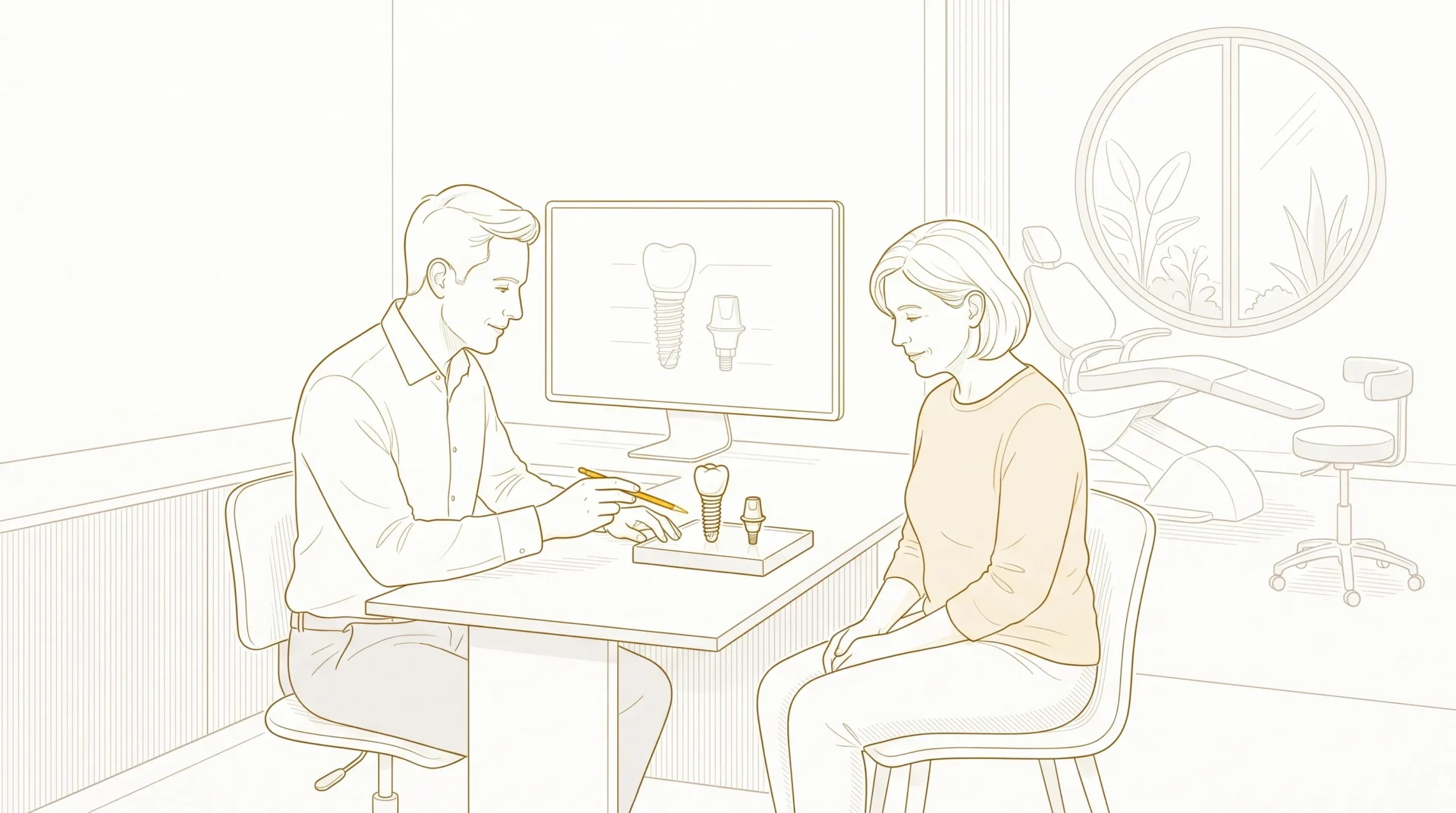 A dental professional and adult patient discuss a single implant crown and abutment in a treatment room.