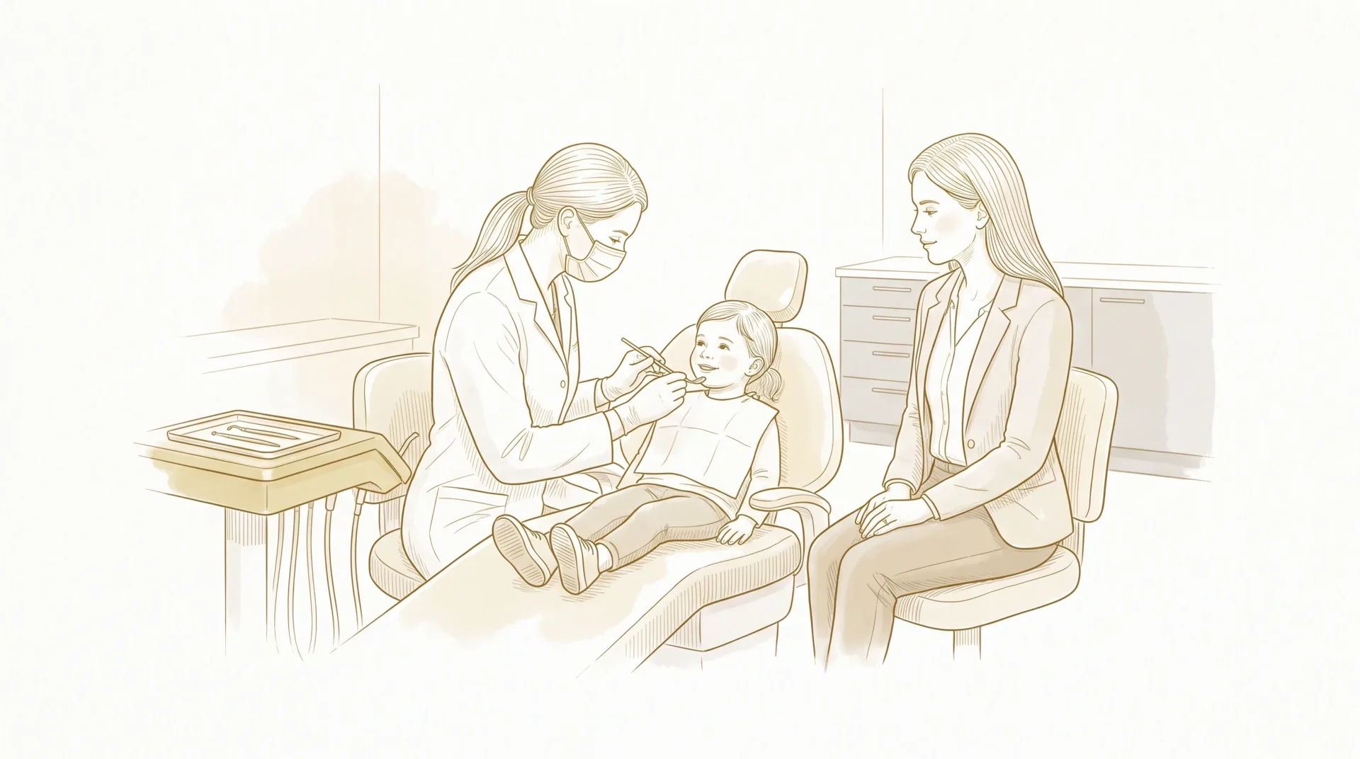 A dental professional examines a child in the chair while a parent sits nearby during a family dental visit.