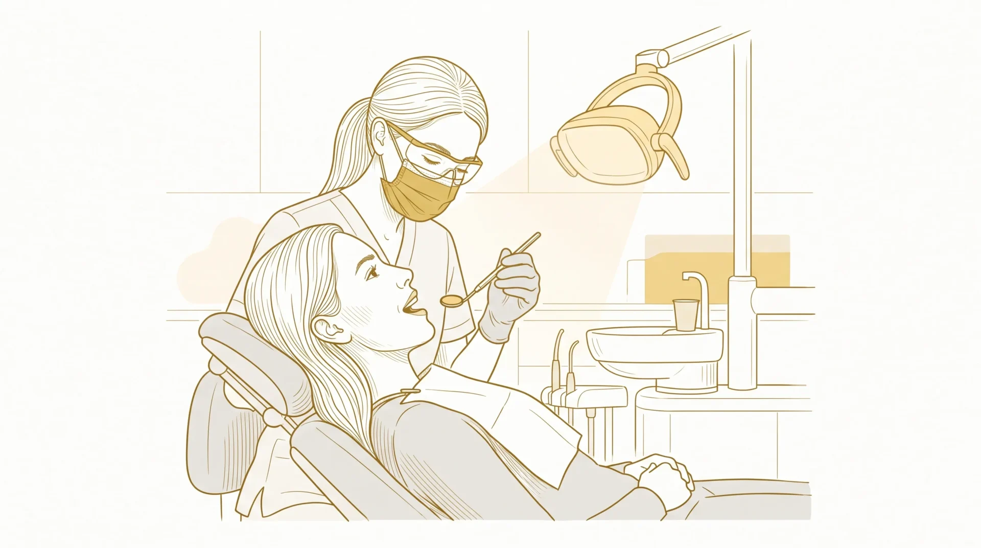 A dental professional in gloves, a mask and protective eyewear checks an adult patient’s teeth with a mouth mirror in a clean treatment room.