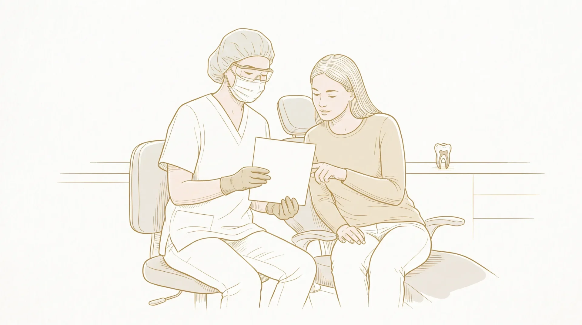 A dental professional in PPE discusses a blank treatment estimate with an adult patient beside a chair, with a small tooth model on the bench.