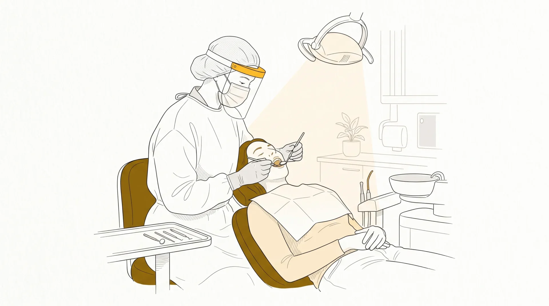 A dental professional in PPE performs a routine teeth clean on a reclining patient with a mirror and scaler in a calm clinic.