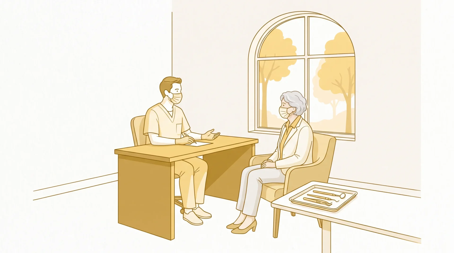 A dental professional speaks with an older adult patient in a calm Geelong clinic, with a small tray of dental equipment nearby.