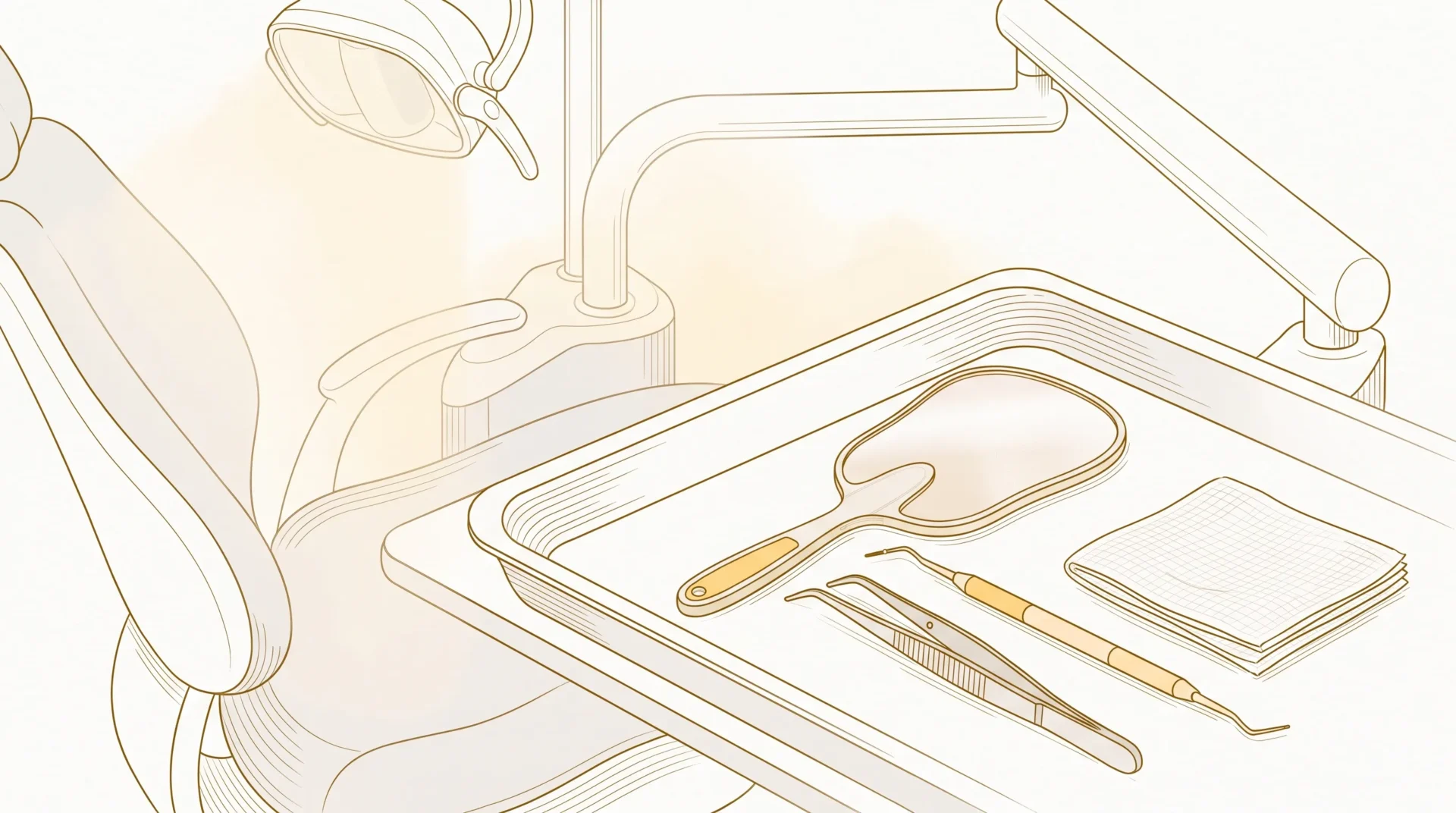 A dental tray with mirror, probe and tweezers ready for a check-up.