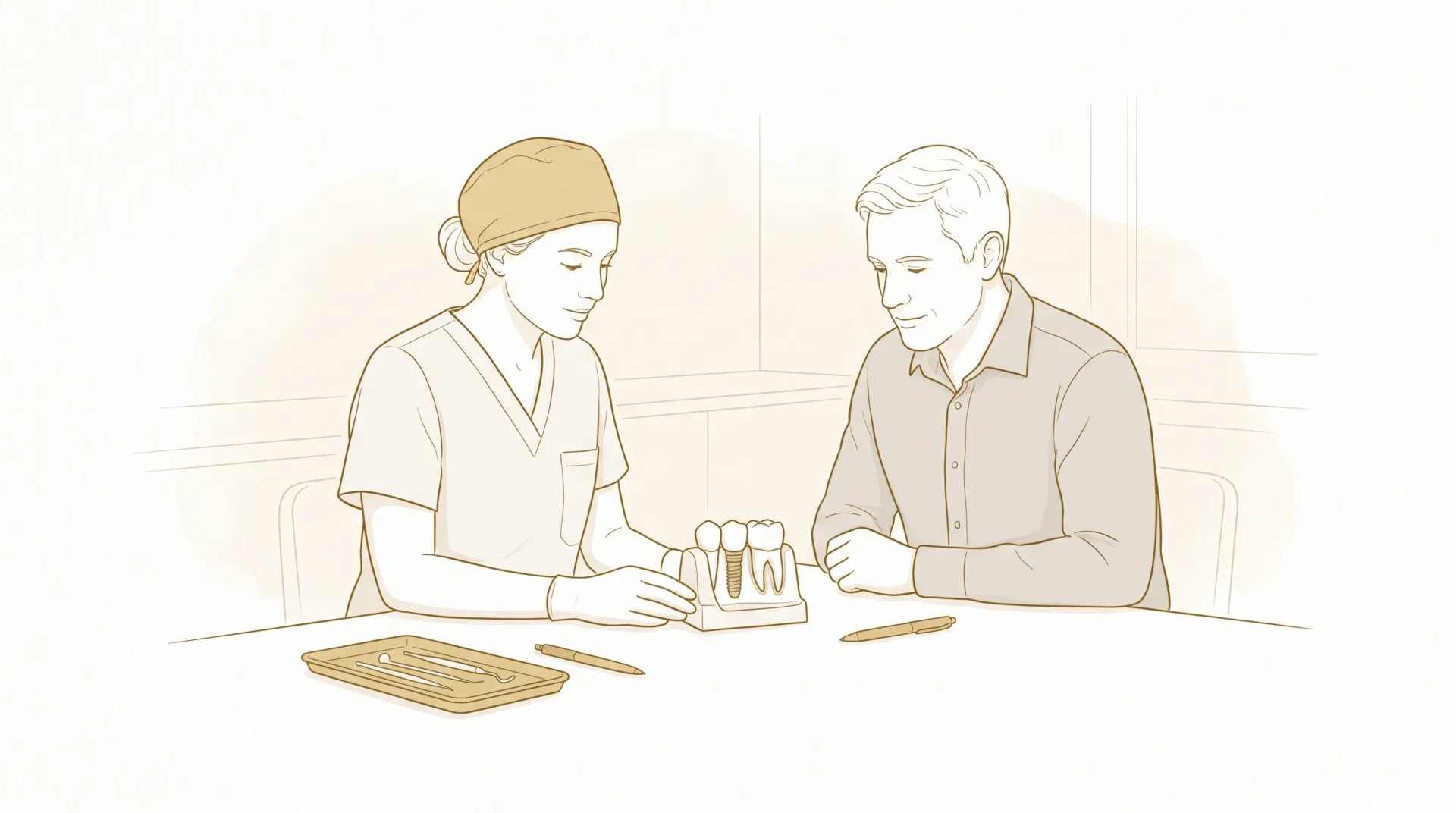 A dentist and adult patient discuss pain free dental implants over a simple implant model on a desk.