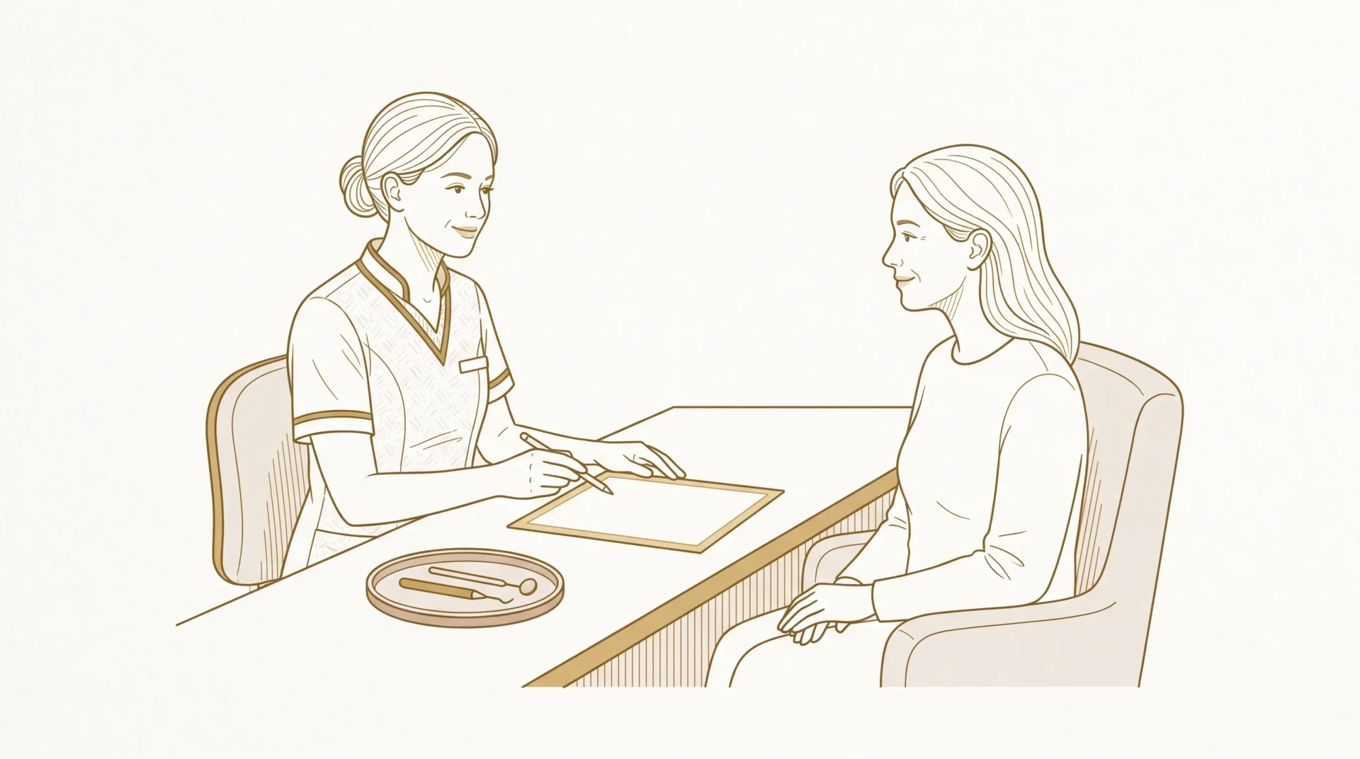 A dentist and adult patient discuss treatment options beside a chair, with a blank estimate sheet helping compare dental fees and care.