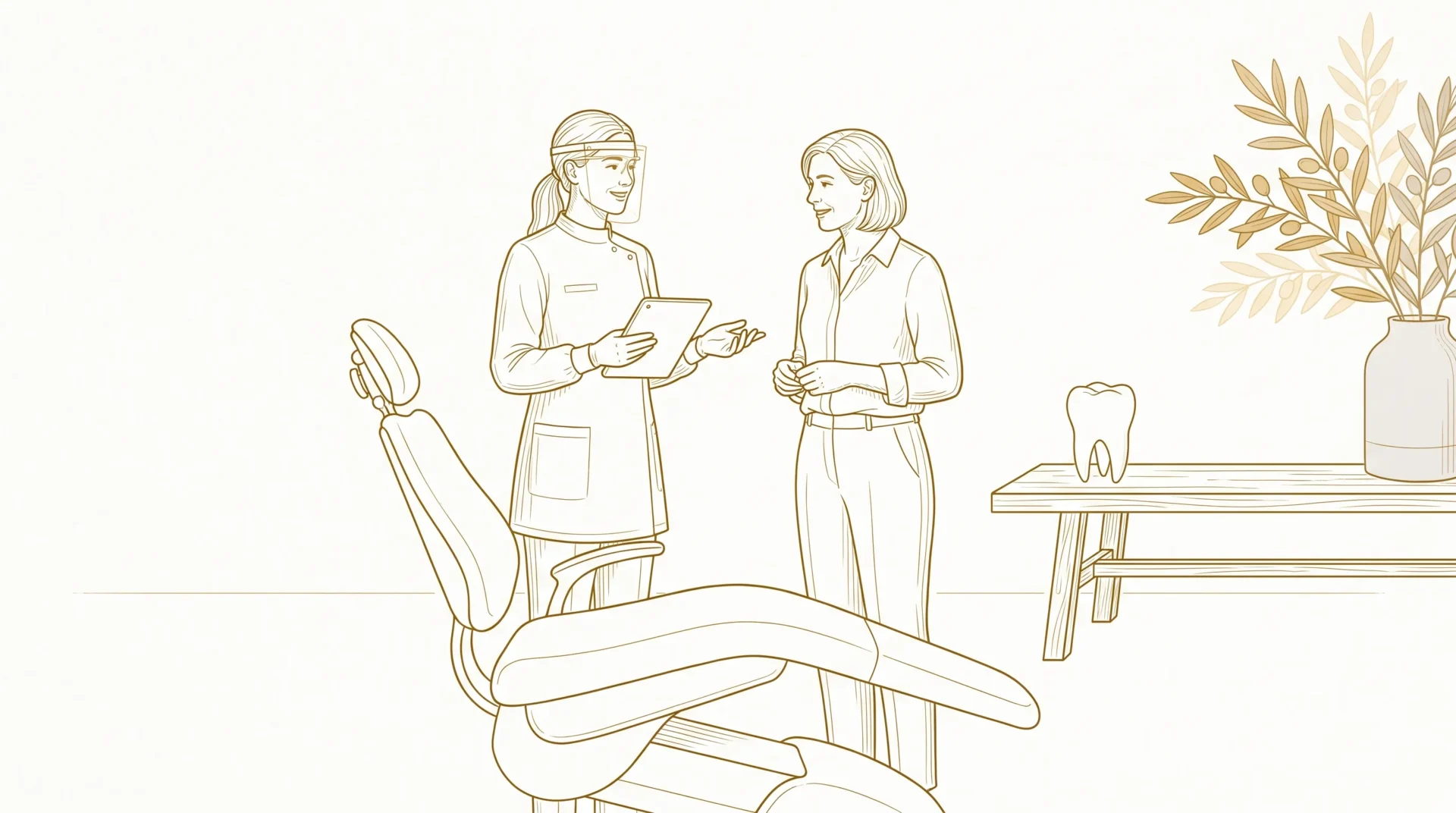 A dentist and adult patient talk beside a dental chair, with a simple tooth model on the bench and subtle olive leaves in one corner.