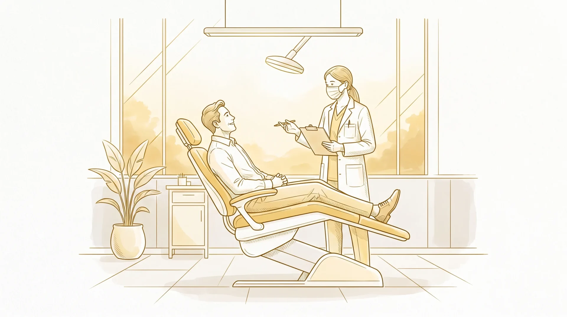 A dentist and adult patient talk beside a dental chair with a clipboard in a calm clinic setting.