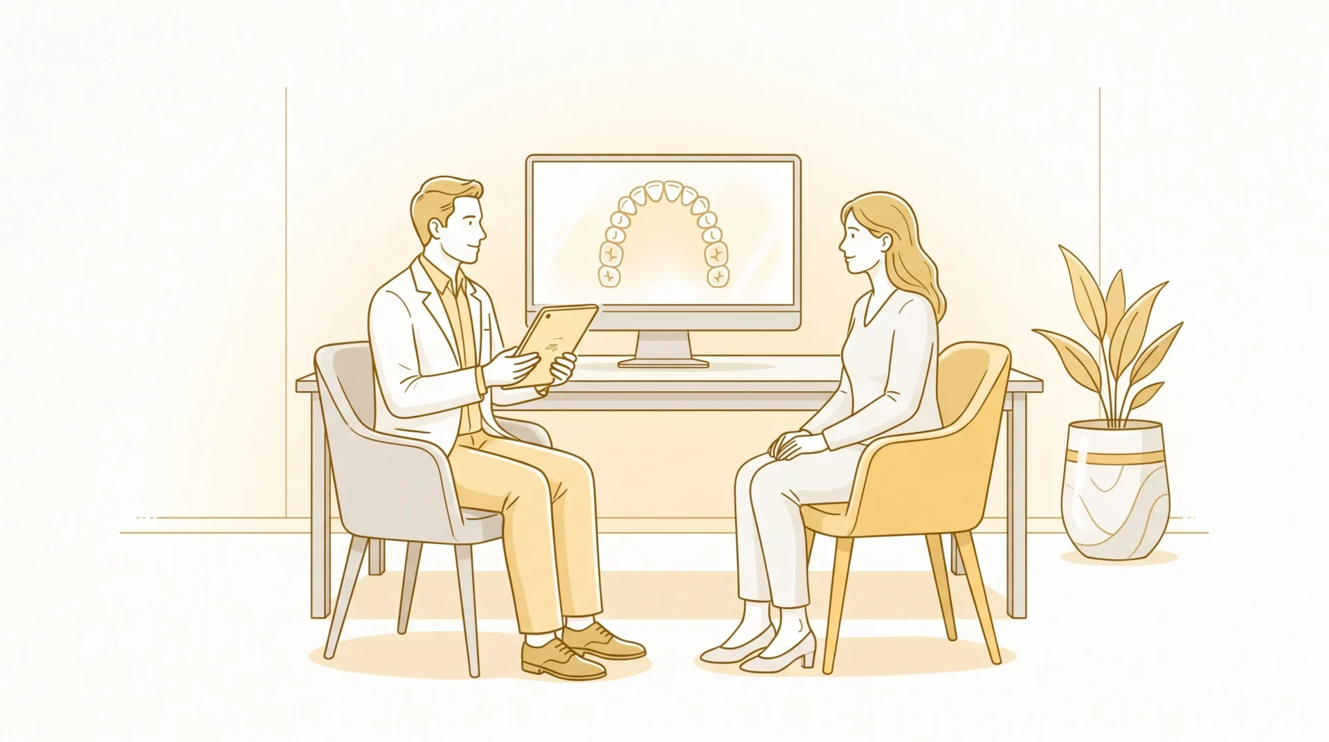 A dentist and an adult patient sit facing each other in a consultation room, discussing options for repairing or replacing teeth.