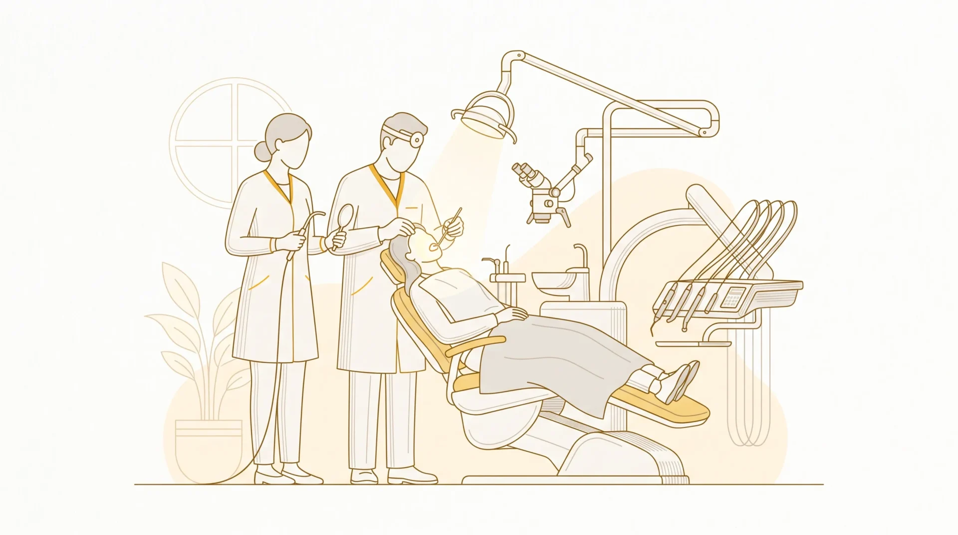 A dentist and assistant work beside a reclining patient during an oral examination.