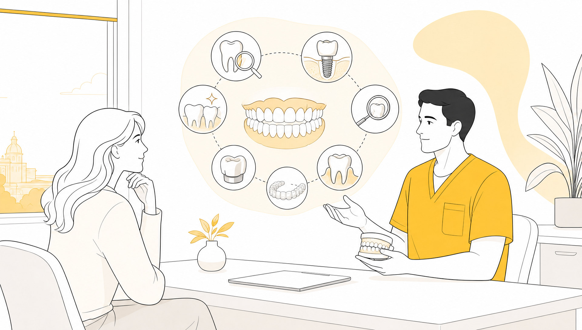 A dentist and patient review a simple dental arch and treatment plan during an all in one dental consultation.
