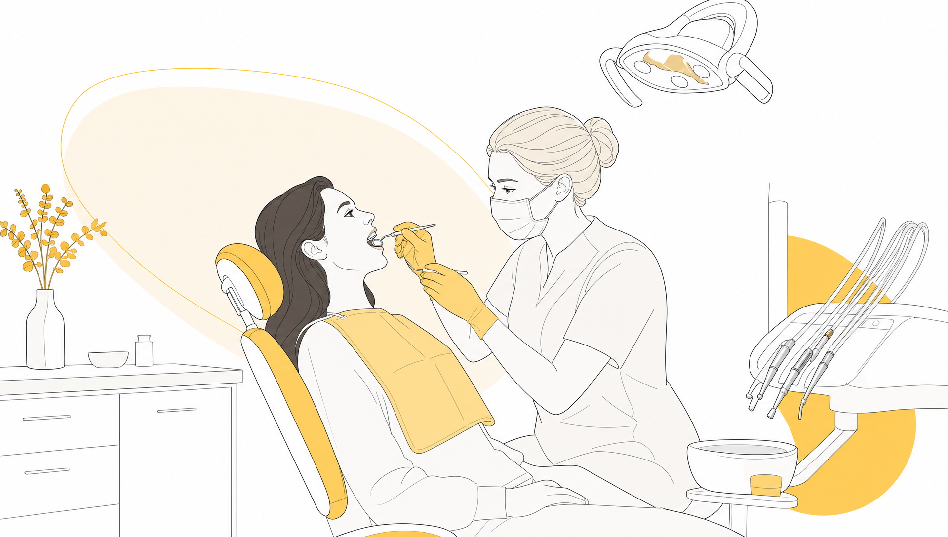 A dentist and patient talk beside a model arch during a calm dental consultation.
