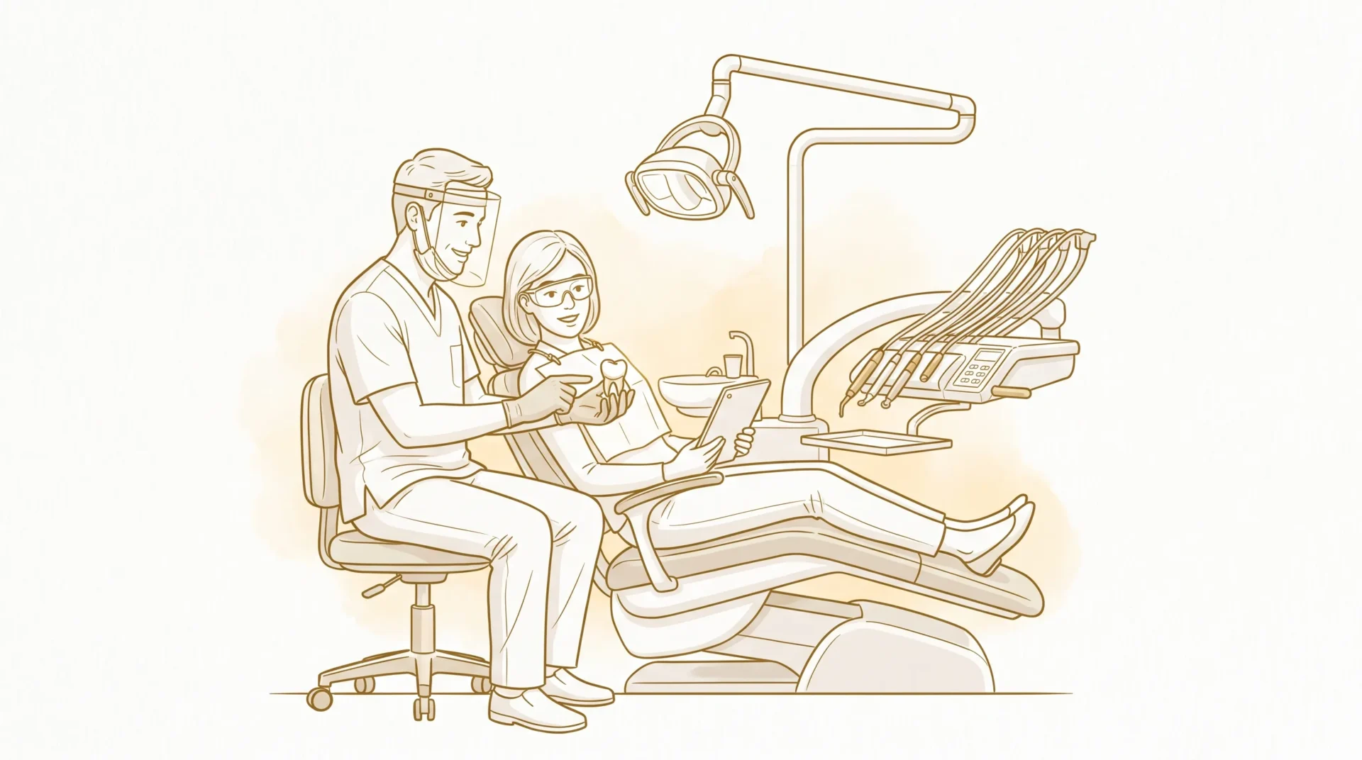 A dentist discusses a crown with an adult patient beside the treatment chair.