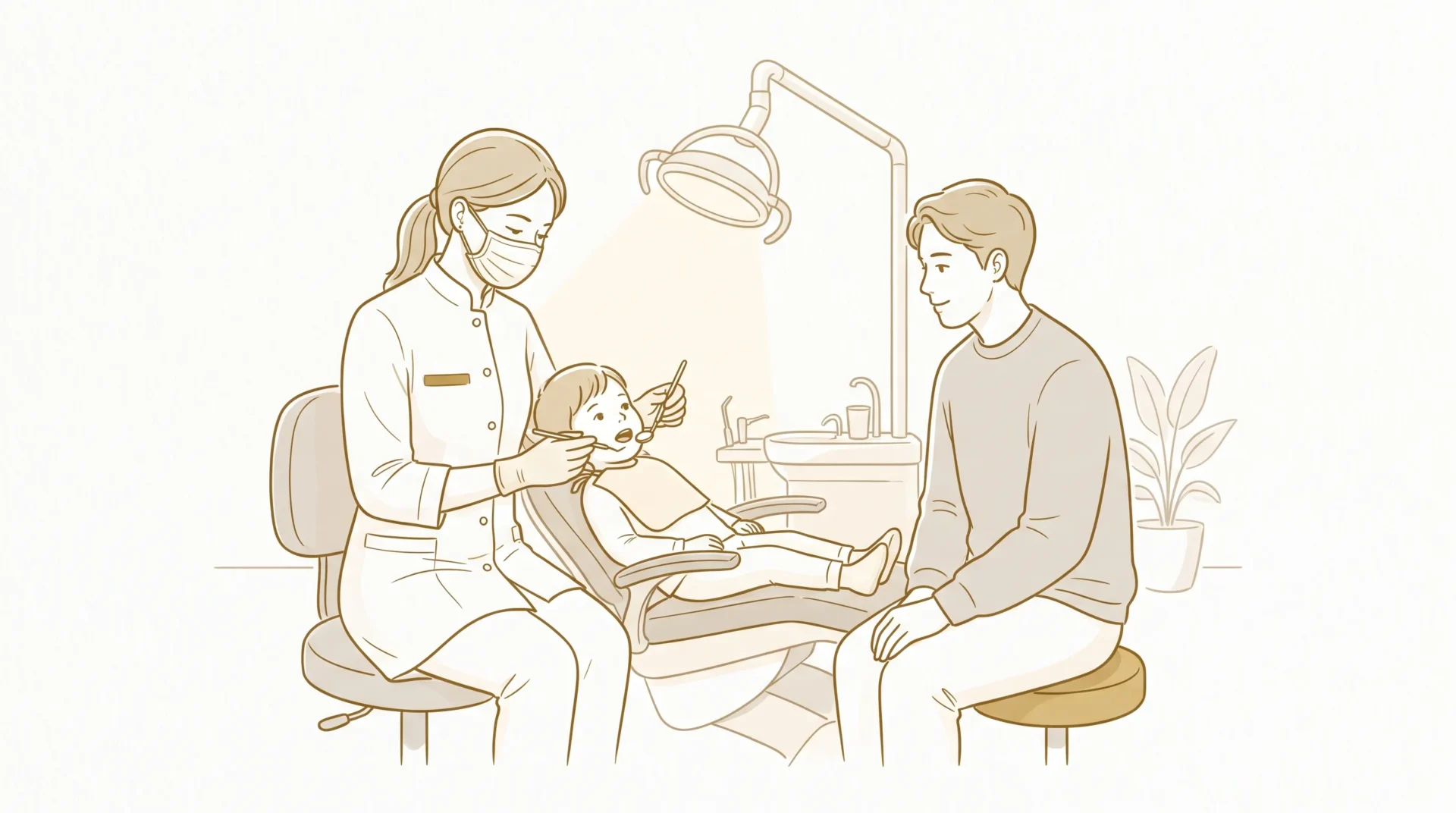 A dentist examines a child in a clinic while a parent sits nearby during a family dental appointment.