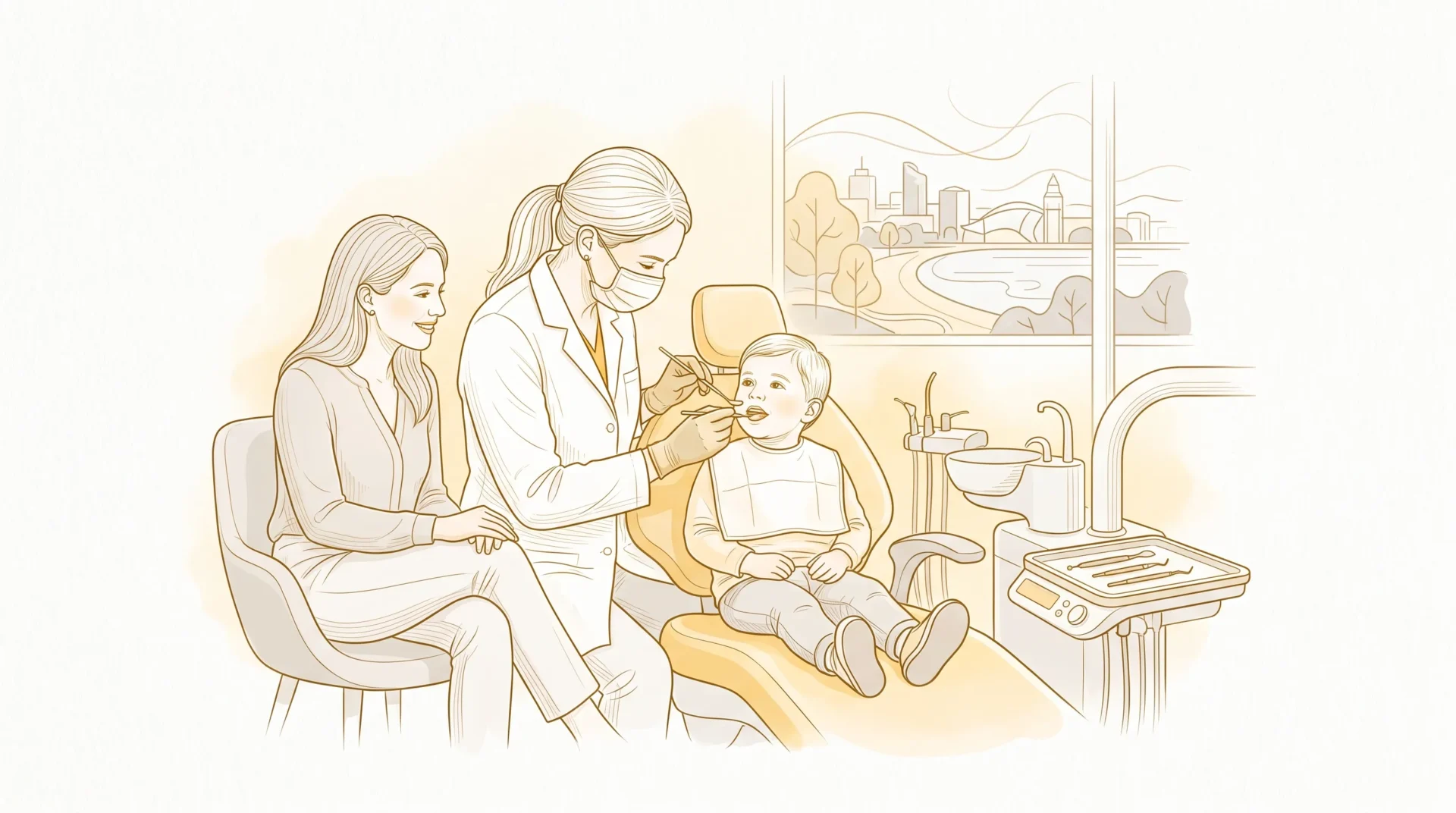 A dentist examines a seated child while a parent sits nearby during a family dental appointment in Geelong.