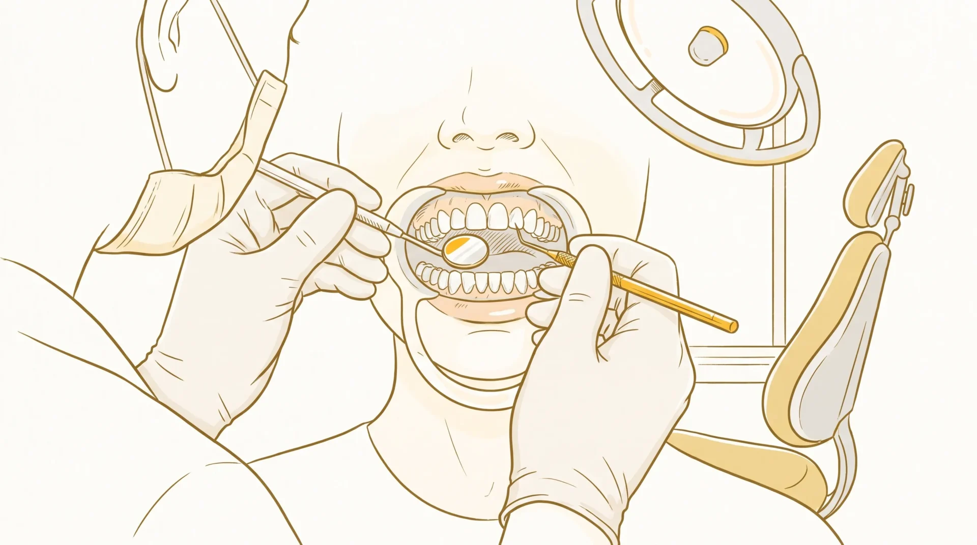 A dentist examines the front teeth and gums during a routine oral check.