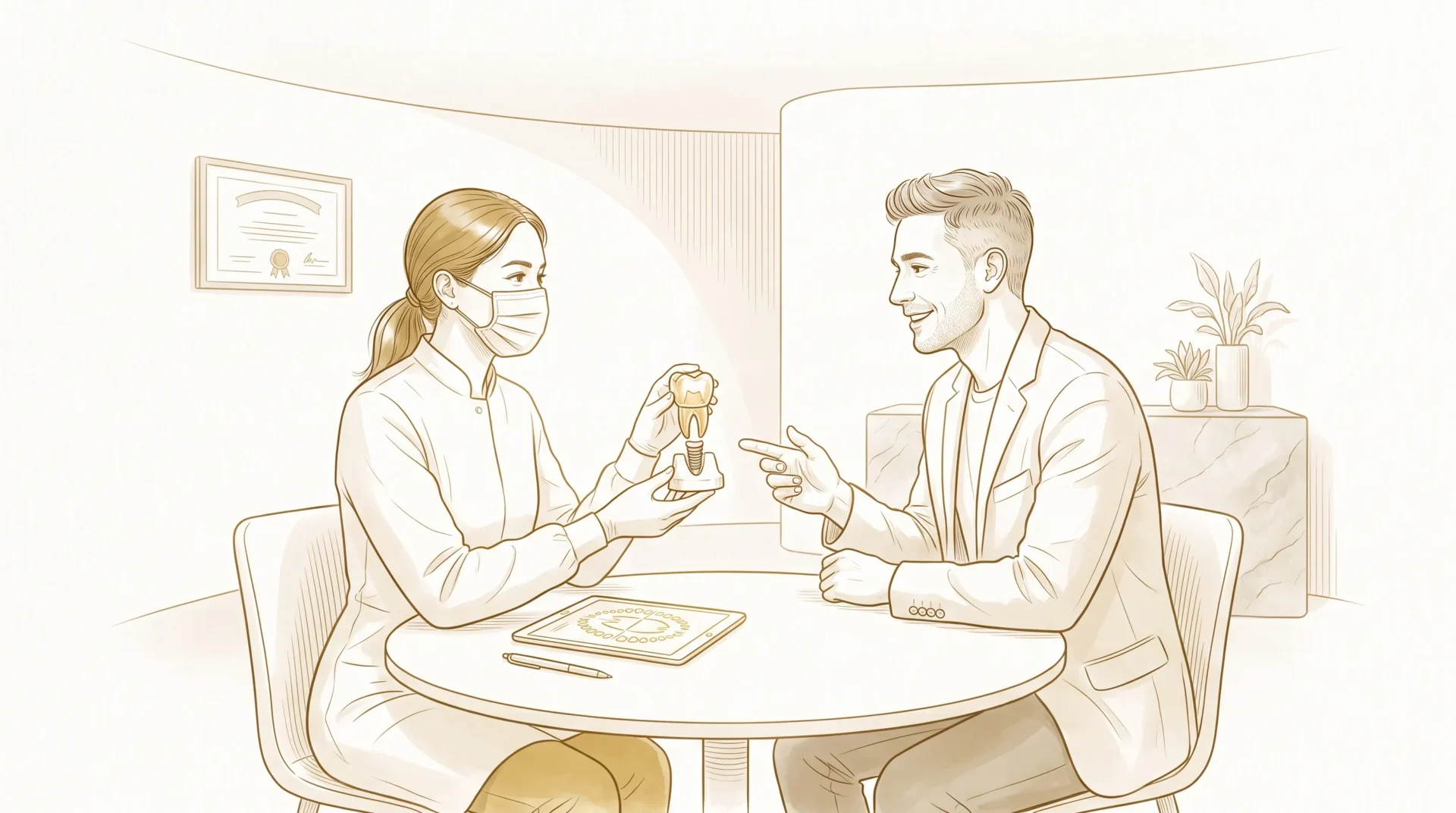 A dentist for implant treatment and an adult patient discuss an implant crown model during a consultation.