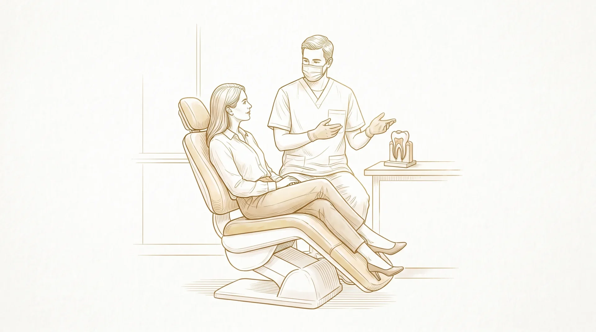 A dentist in clinical attire discusses services with an adult patient beside a dental chair and a small tooth model.