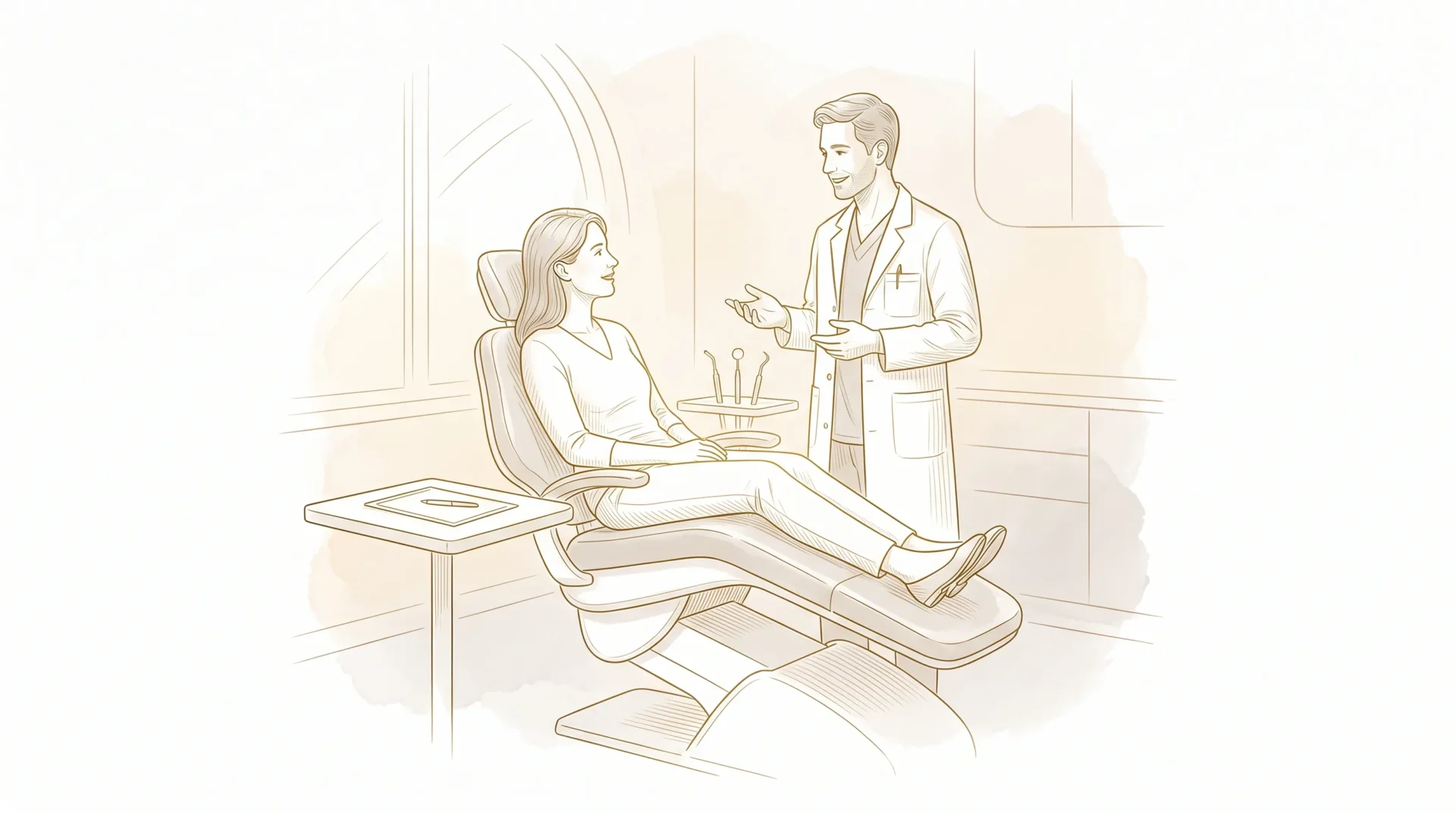 A dentist in clinical attire speaks with an adult patient in a treatment room, with a dental chair and a blank form nearby.