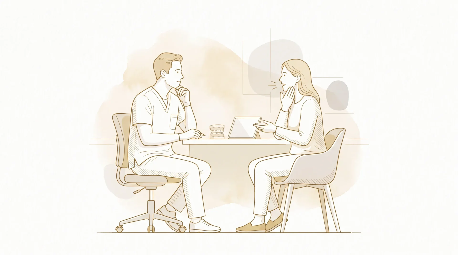 A dentist in clinical scrubs listens as an adult patient describes a concern during a consultation about possible dental care.