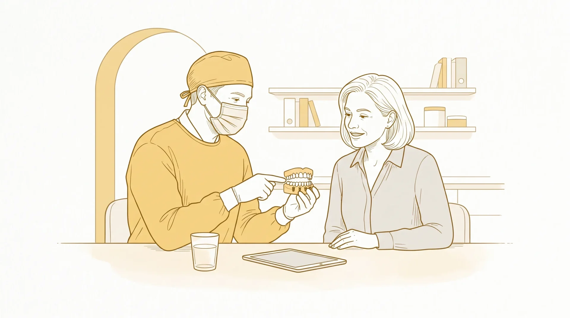 A dentist in PPE discusses an All-on-4 bridge model with an adult patient beside a clean consultation bench.
