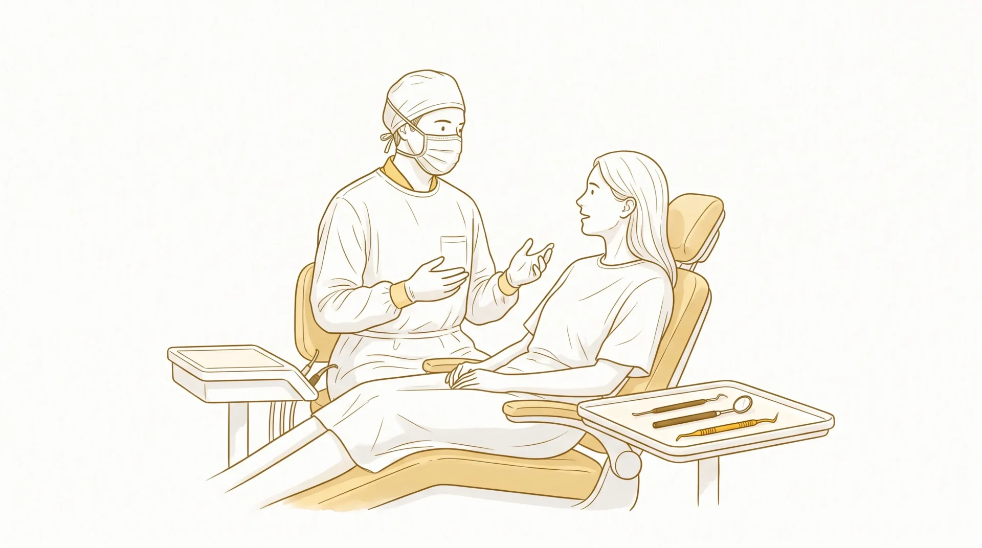 A dentist in proper clinical attire speaking with an adult patient beside a dental chair, with a tray holding a mirror and probe nearby.