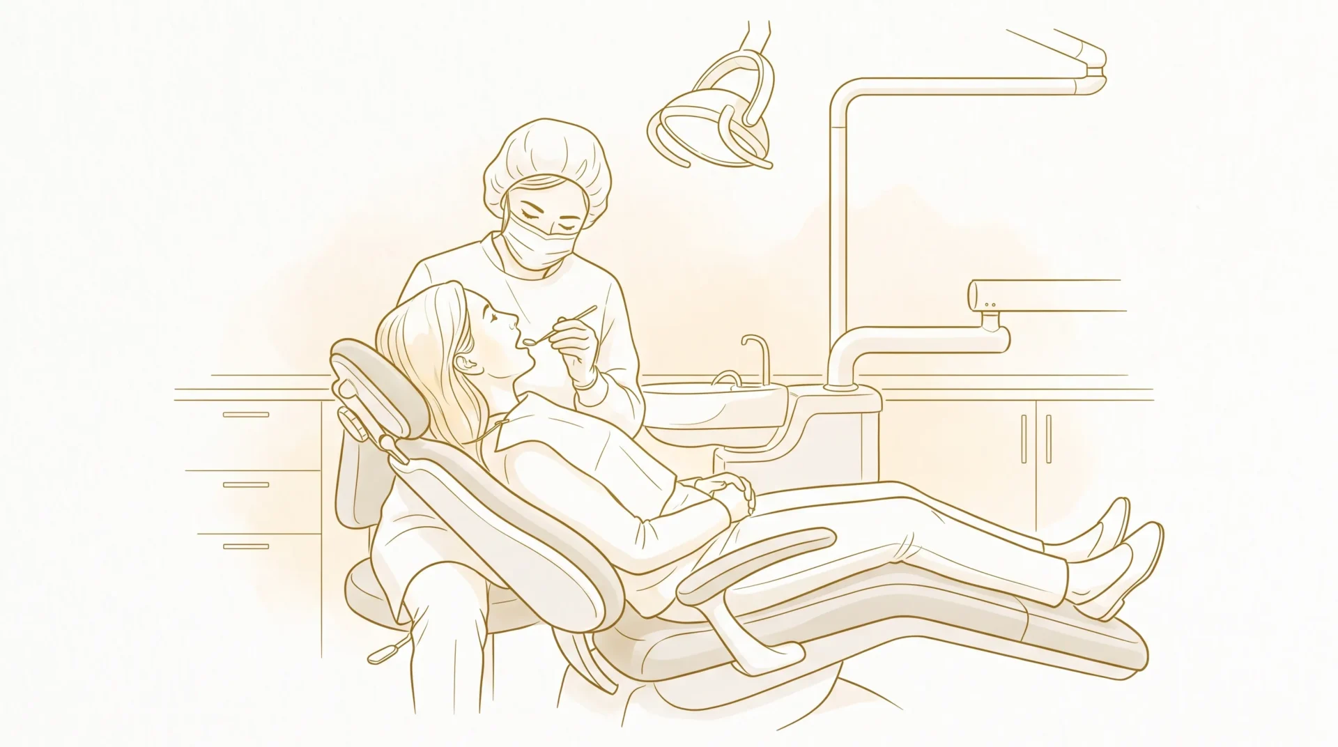 A dentist in proper PPE examines an adult patient reclined in the chair with a small mirror during a check-up and clean.
