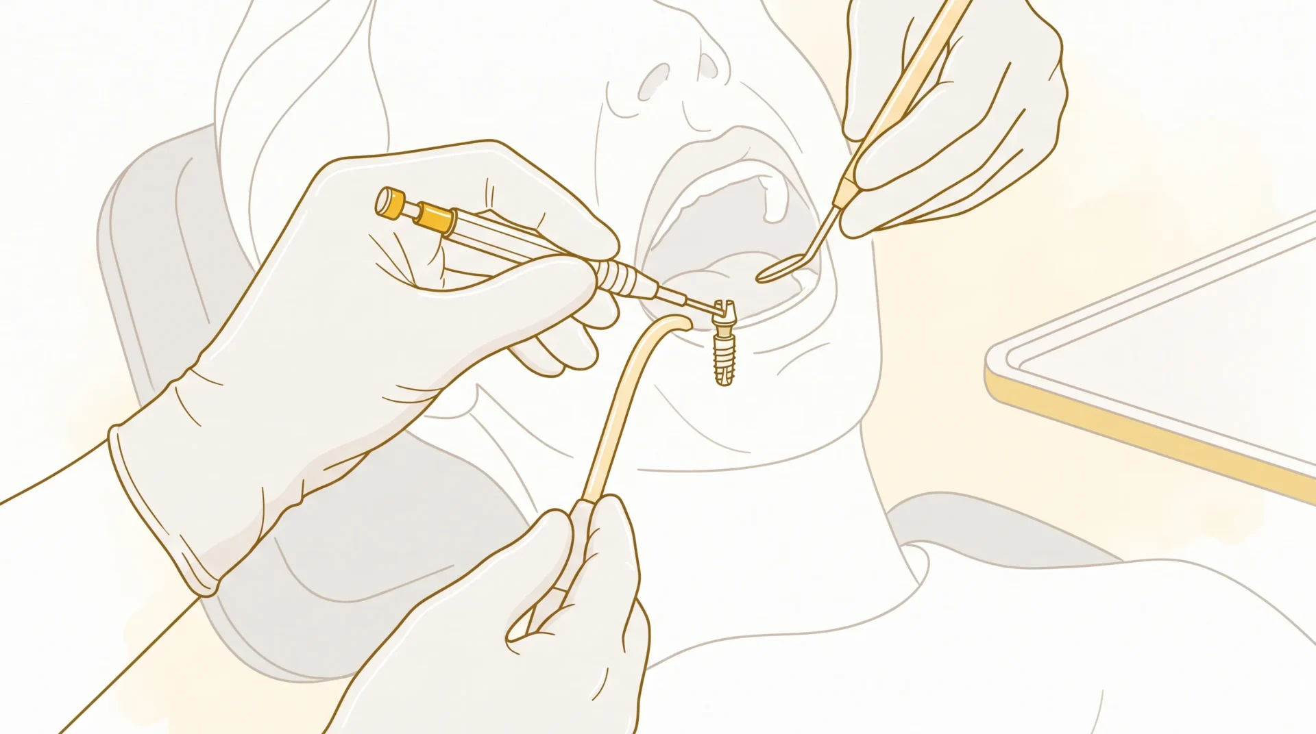 A dentist places a dental implant while the patient reclines during treatment.