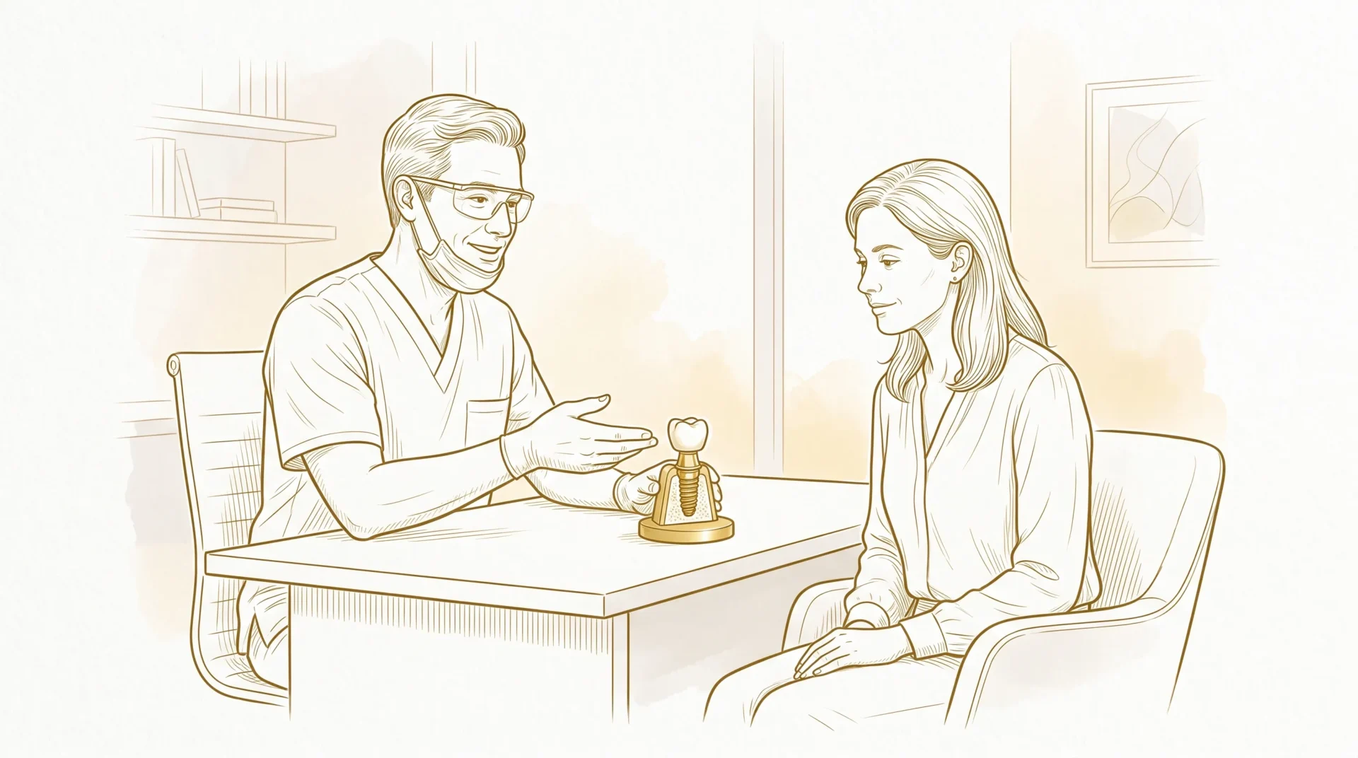 A dentist speaks with an adult patient about dental implants beside a small implant crown model in a calm consultation room.