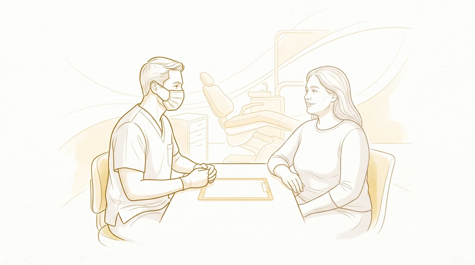 A dentist speaks with an adult patient during a first visit, with a blank form on the desk and a dental chair in the room.