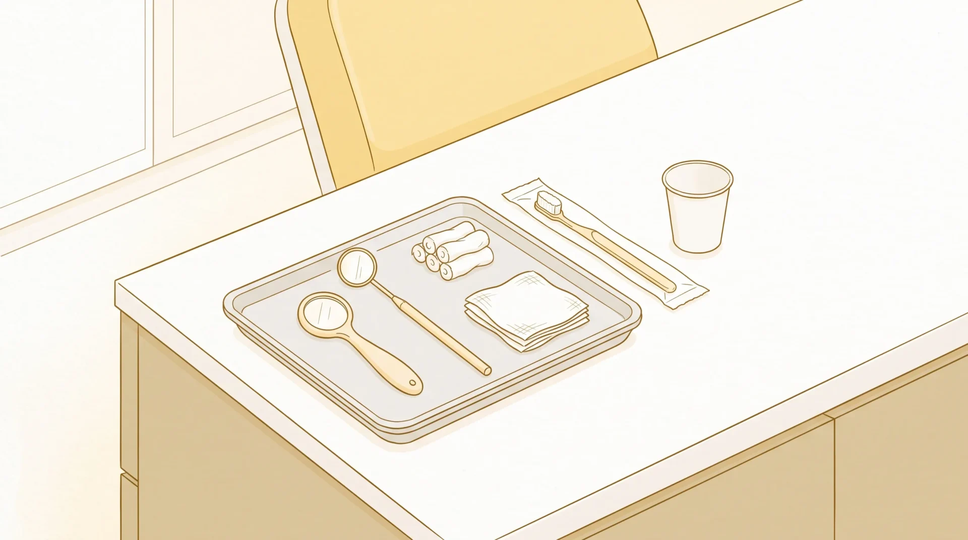 A family dental tray holds child and adult examination tools ready for a clinic visit.
