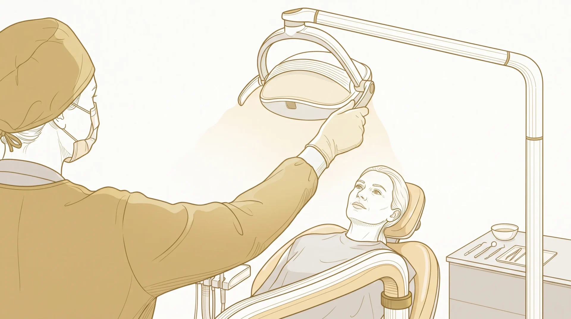 A gloved dental professional positions an examination light beside an adult patient in a treatment chair before an assessment.