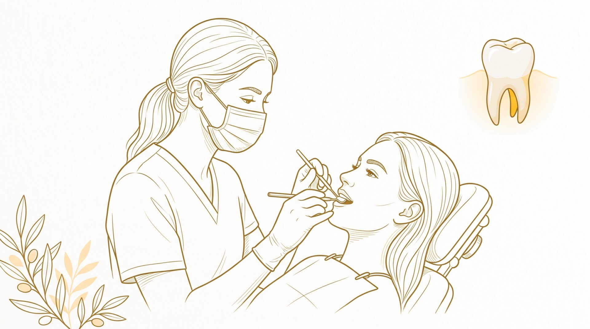 A masked dentist examines a reclining patient’s teeth with a dental mirror, beside an inset showing a restored tooth seated in the gum.