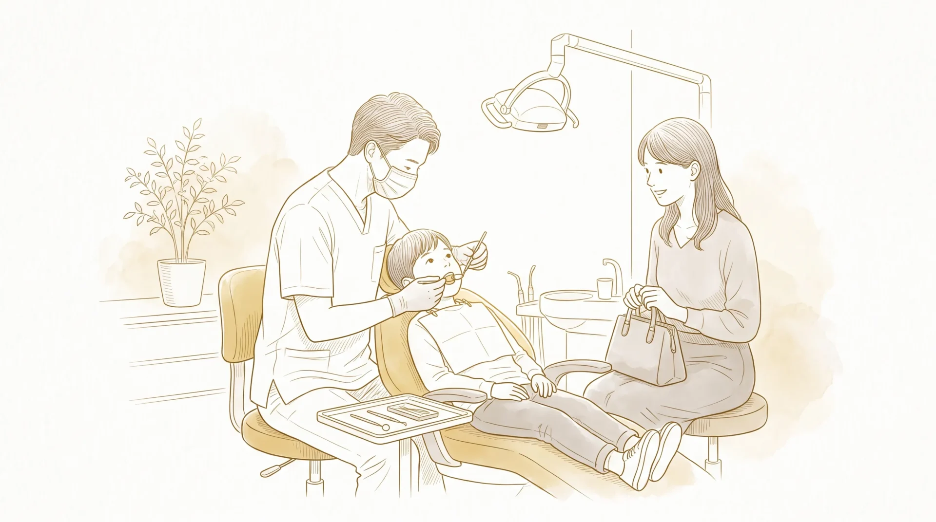 A masked dentist examines a school-aged child while a parent sits nearby in a calm clinic room.