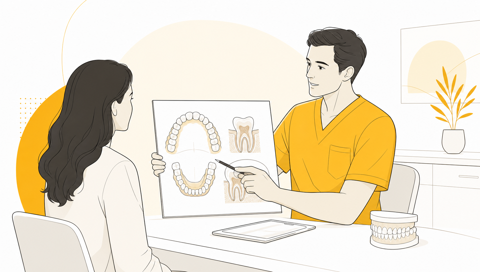 A patient and dentist review a simple dental arch and treatment notes in a calm consultation scene.