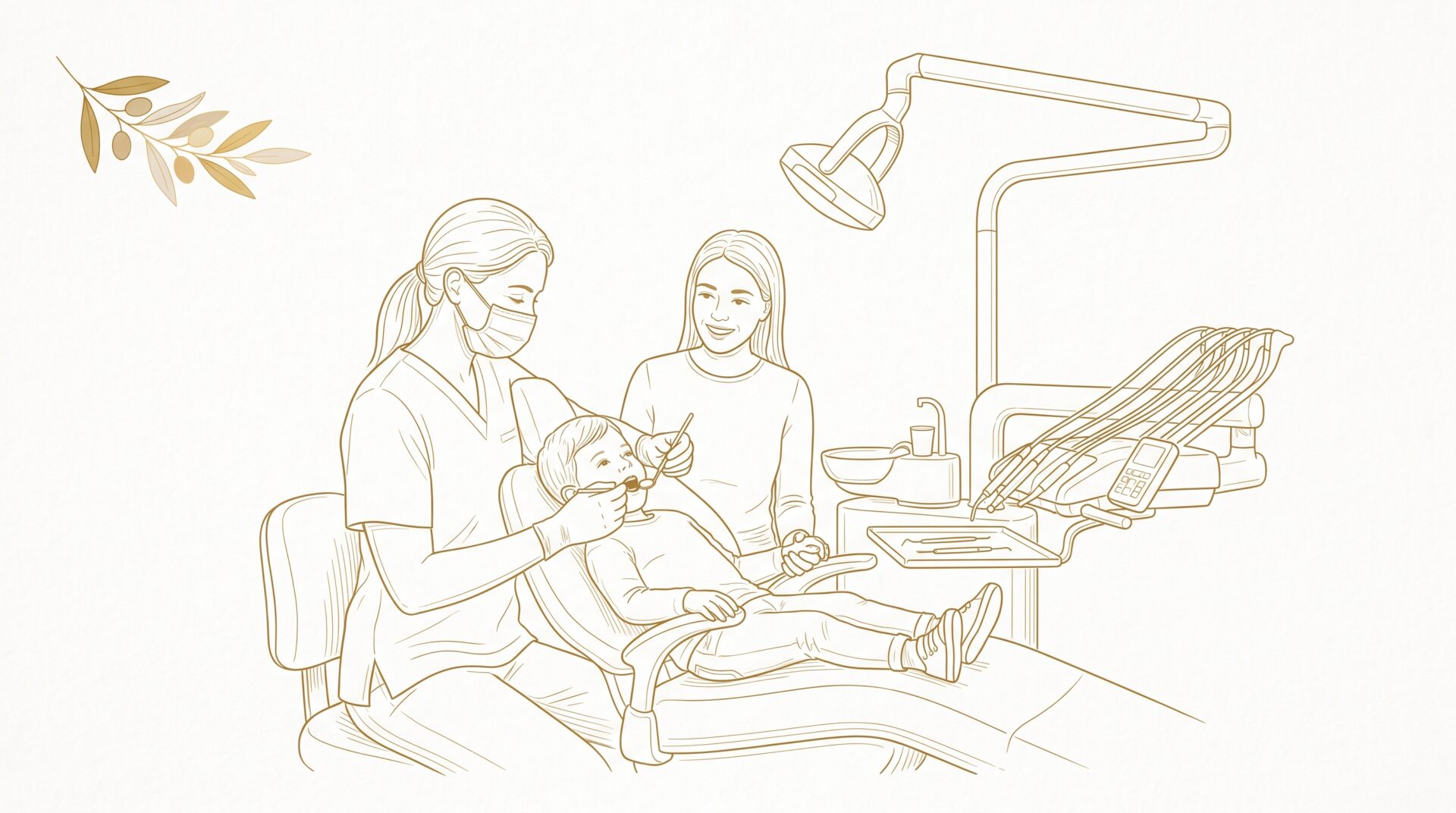 A prepared dental chair with a small tray and tools ready for a family appointment.