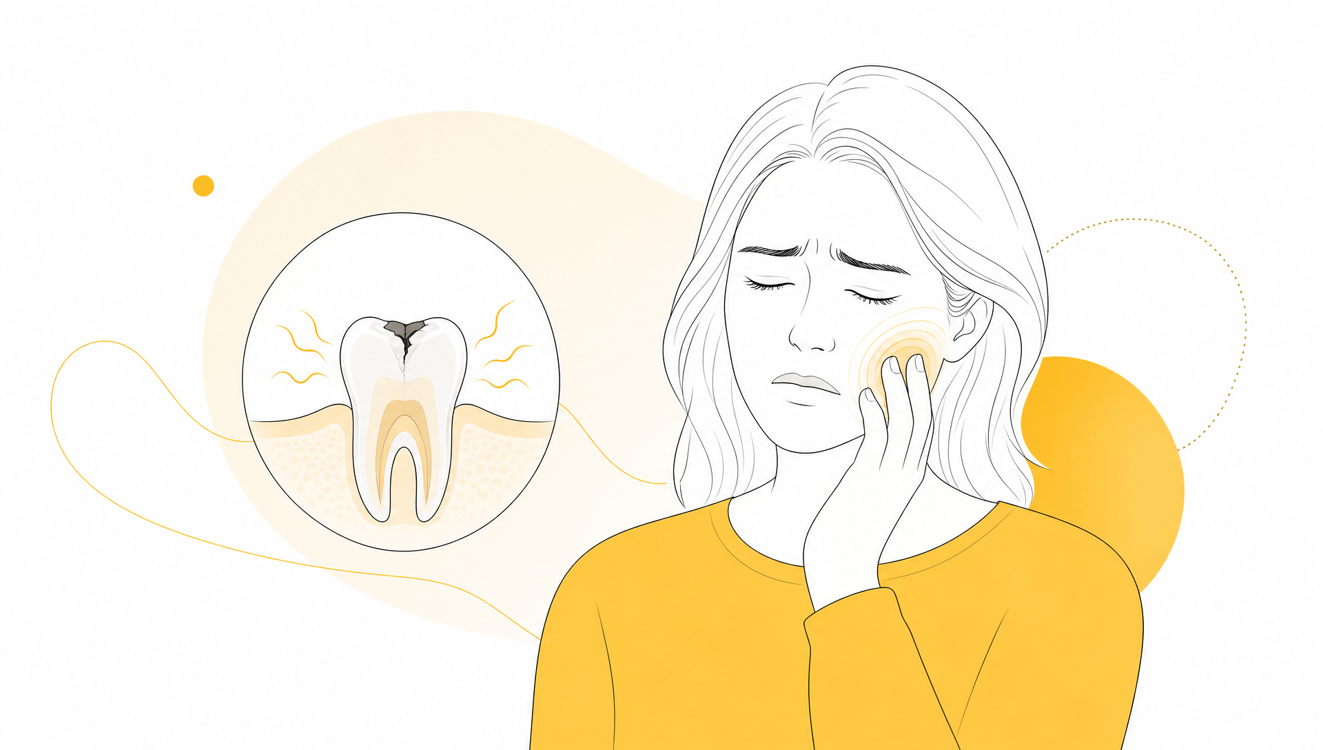 A side-view jaw profile highlights a broken tooth and loose filling that need a dental appointment.