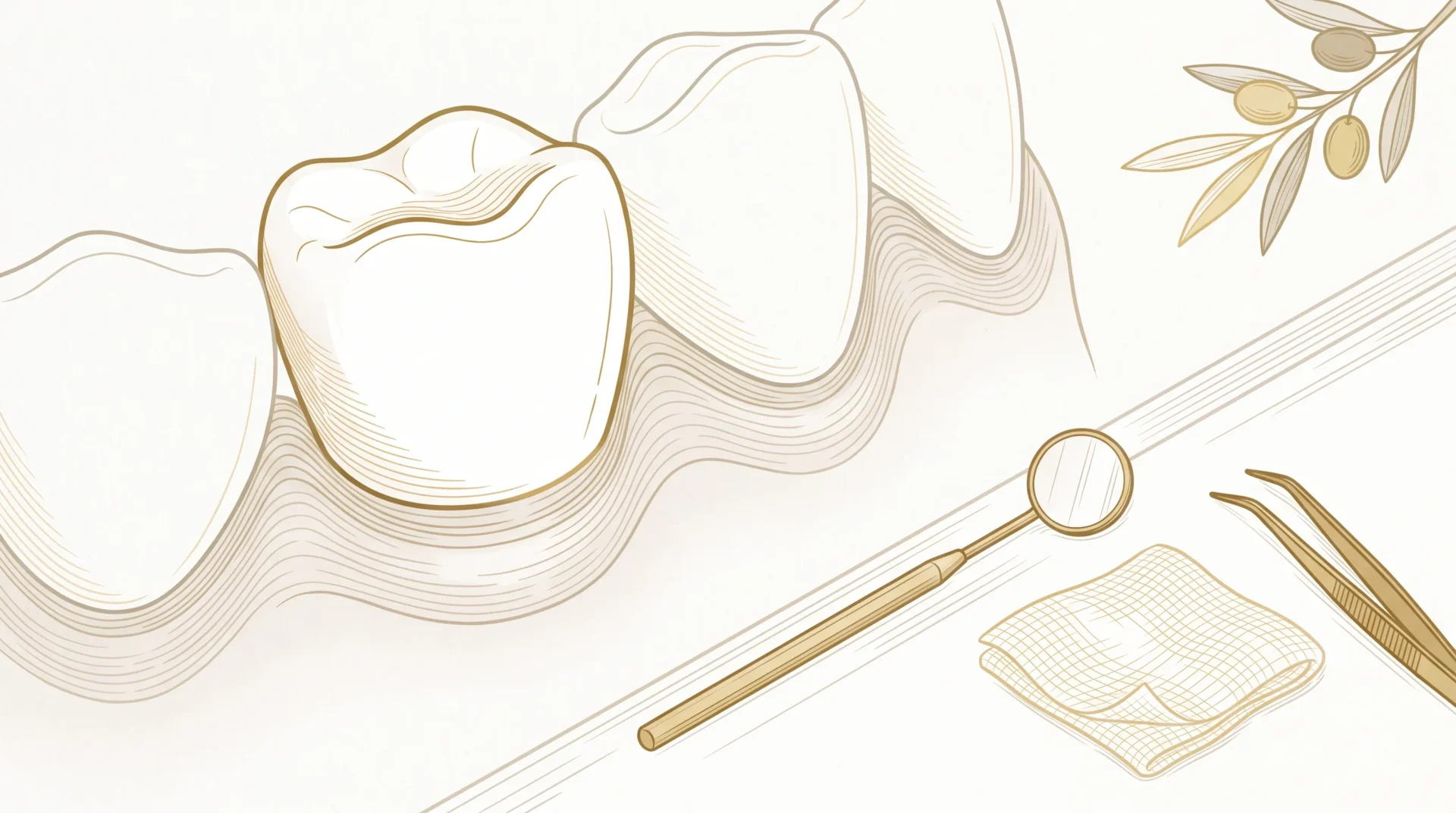 A single implant crown seated in healthy gum tissue with a mirror, gauze and tweezer nearby.