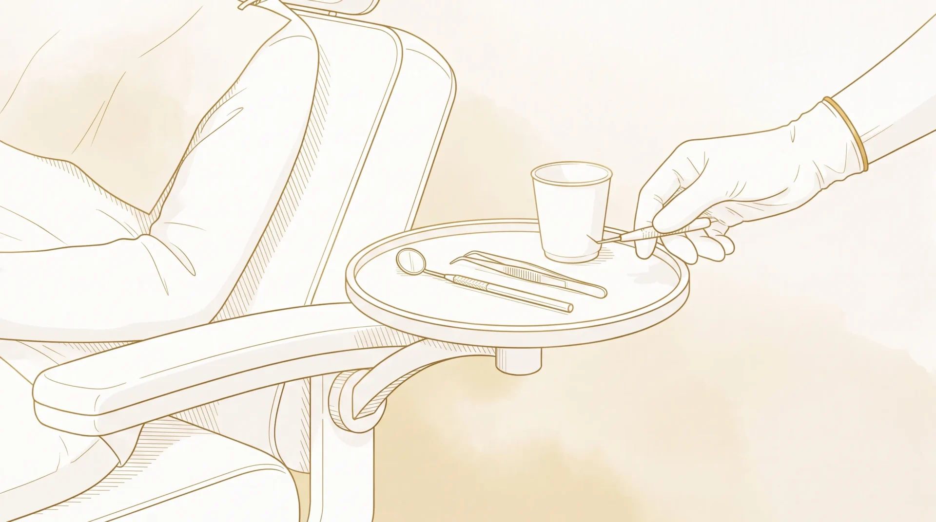 A small tray beside the dental chair holds mirror, tweezers and a cup during a family check-up.