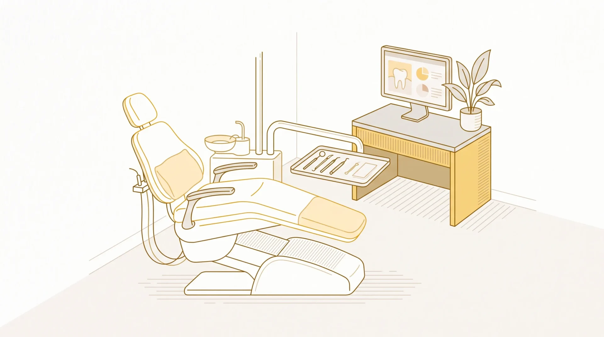 A welcoming dental consultation room with a chair, tidy instruments and a small desk for discussing oral health options.