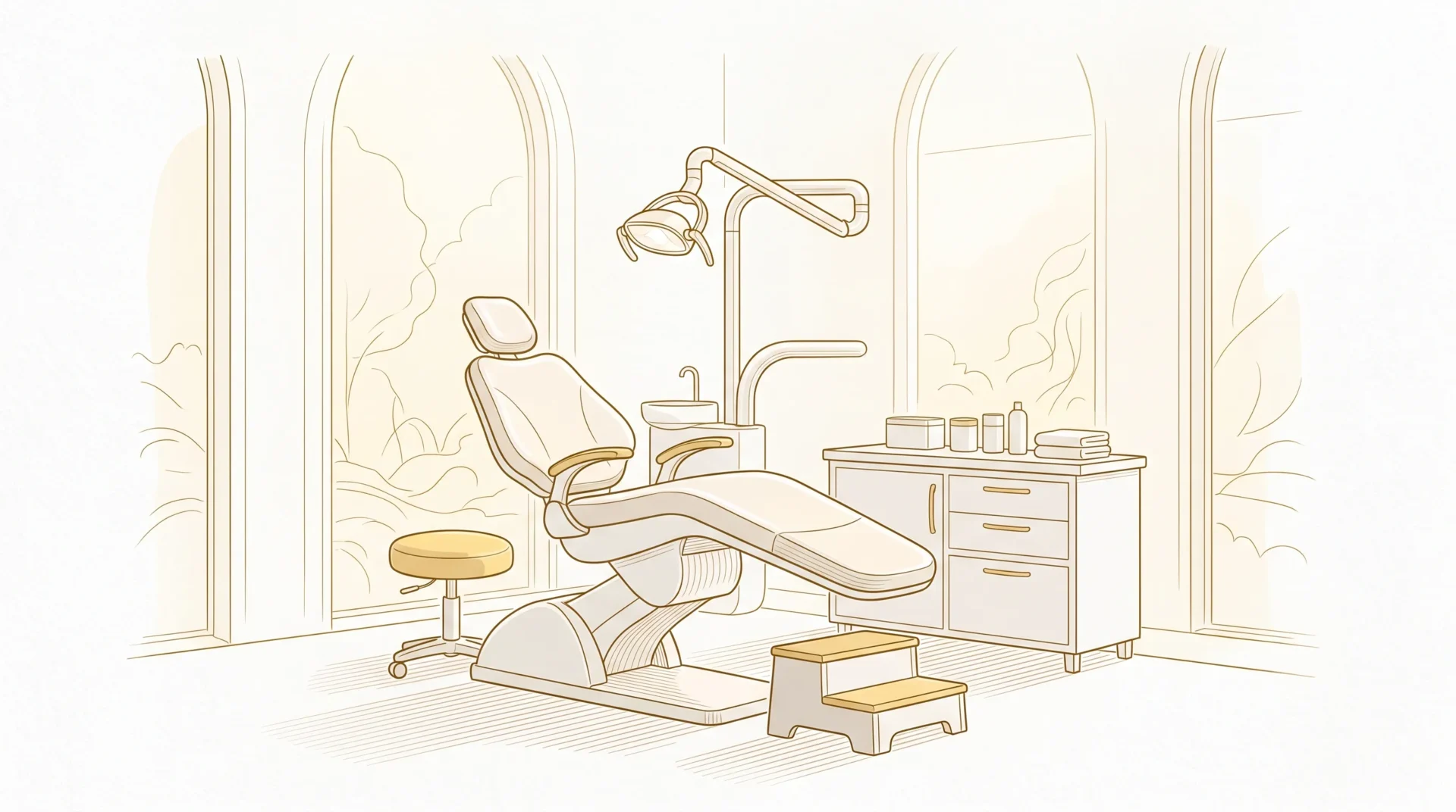 A welcoming Geelong family dental care room shows an empty chair, lamp and step stool ready for patients.