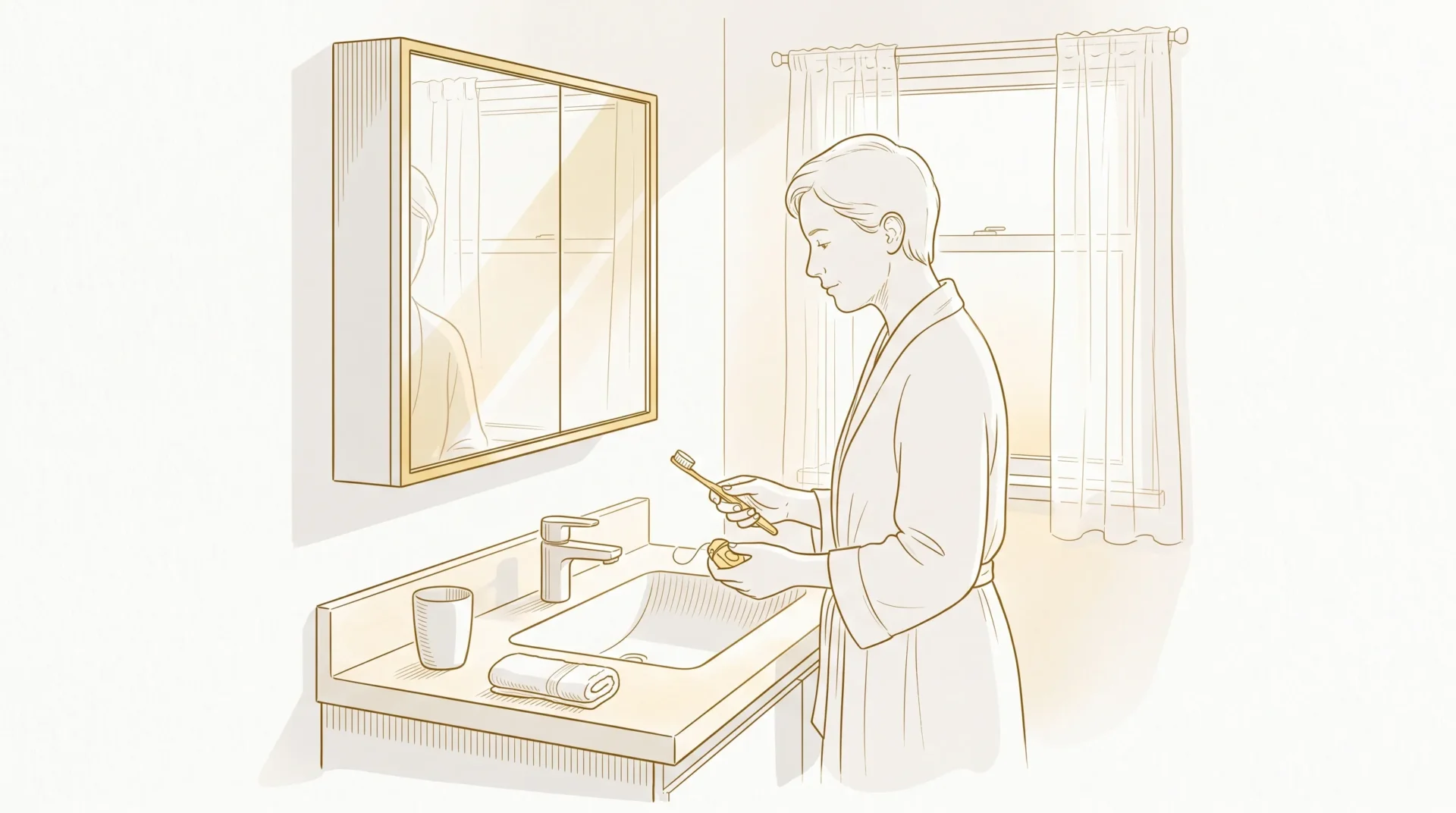 An adult brushes and flosses at a bathroom basin as part of everyday dental care.