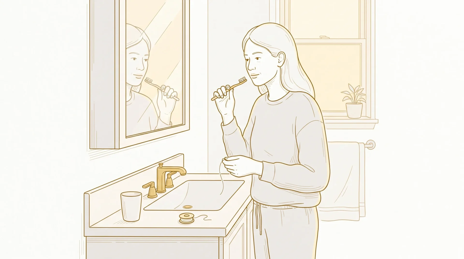 An adult follows a daily oral care routine at the bathroom sink with a toothbrush and floss.