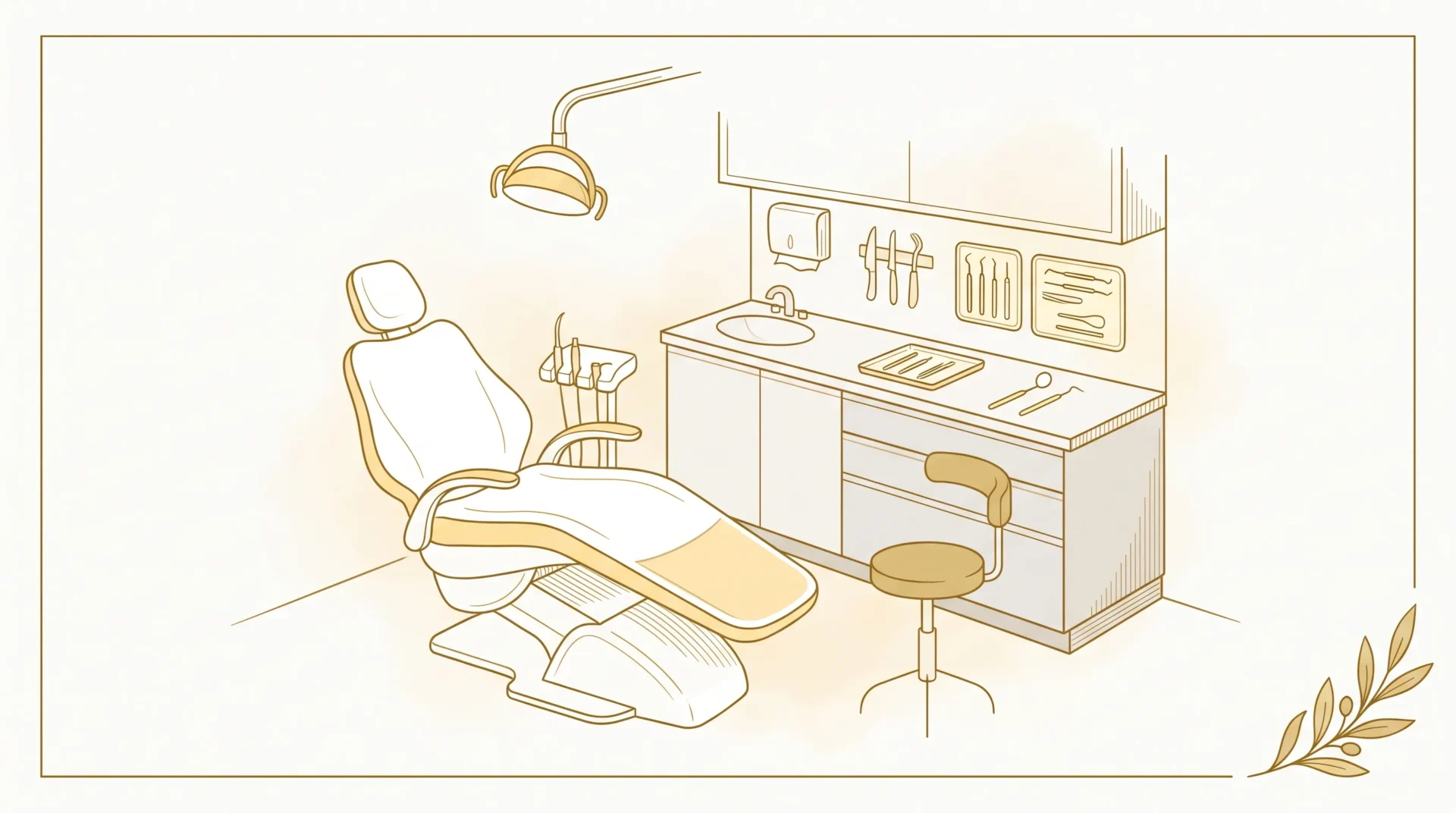 An empty dental clinic room prepared for an All-on-4 consultation with chair, lamp and side cabinet.