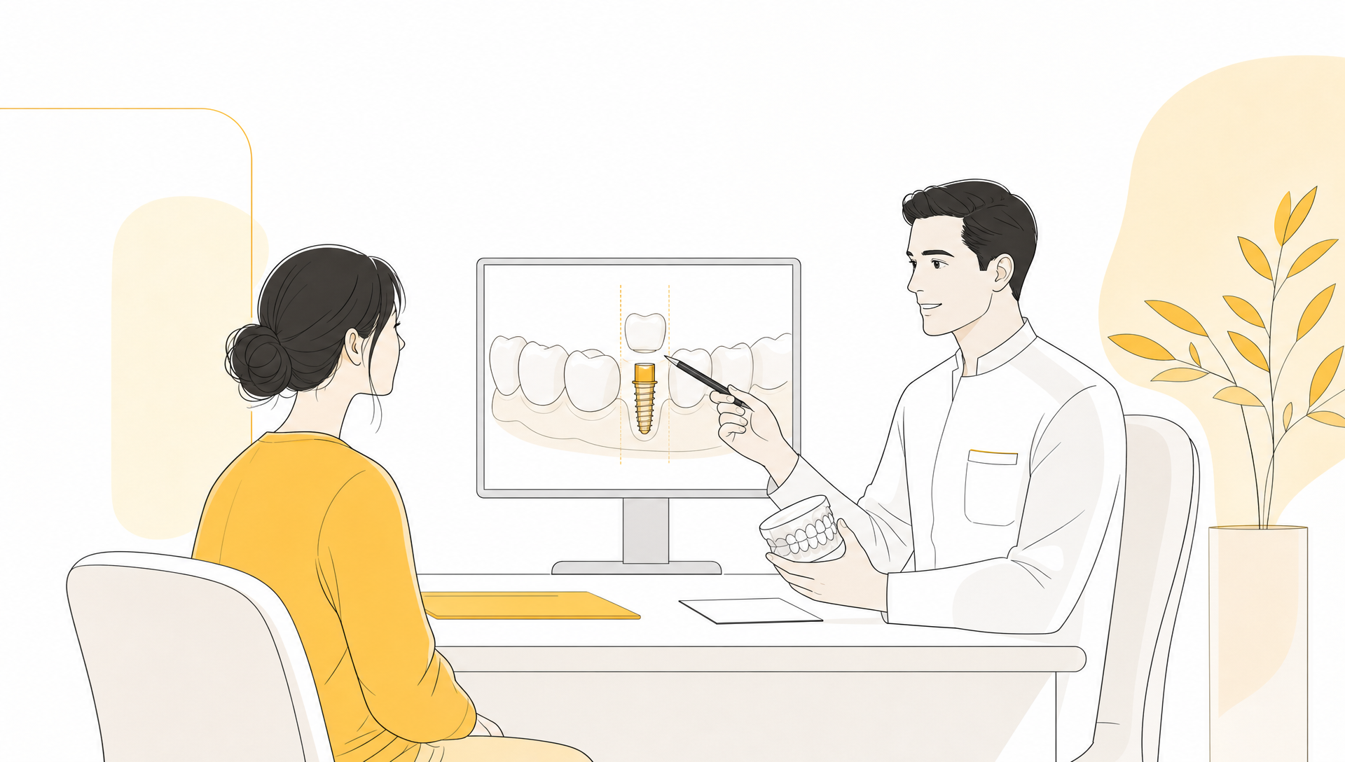 Premium editorial vector illustration of routine dental care in a calm clinic setting, showing a simple natural tooth arch, a fine line dental mirror, subtle gum structure forms and a few preventive care shapes arranged with generous white space.